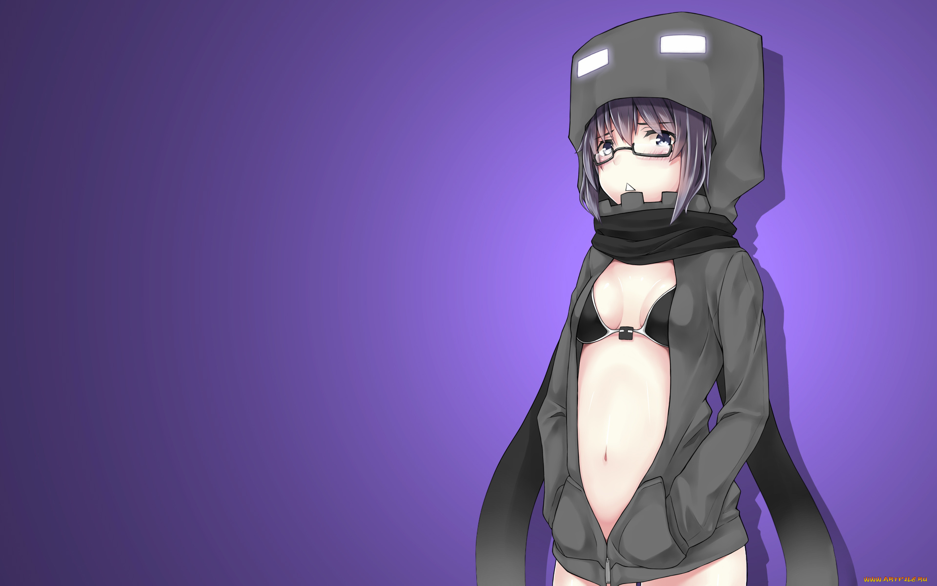 аниме, *unknown, другое, девушка, очки, шарф, капюшон, грудь