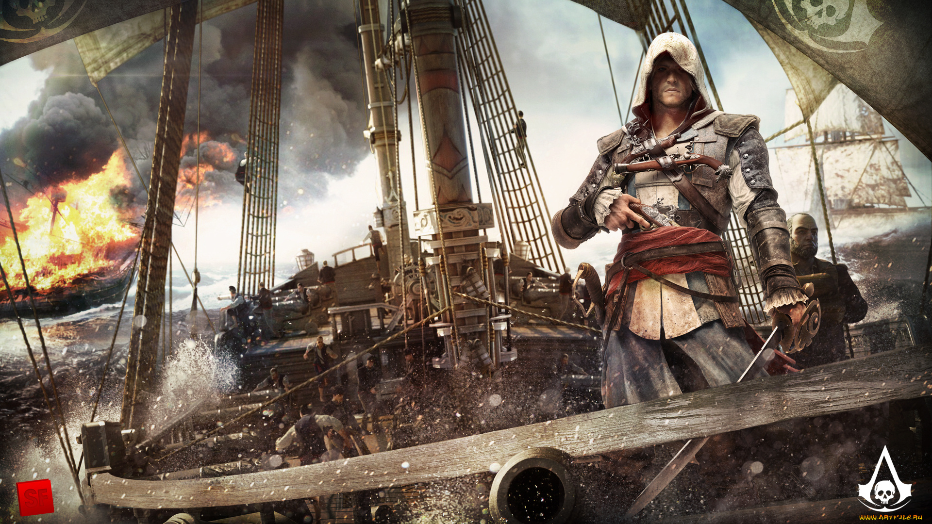 assassin`s, creed, iv, black, flag, видео, игры, парусник, фрегат, корабль, пожар, пираты, edward, kenway