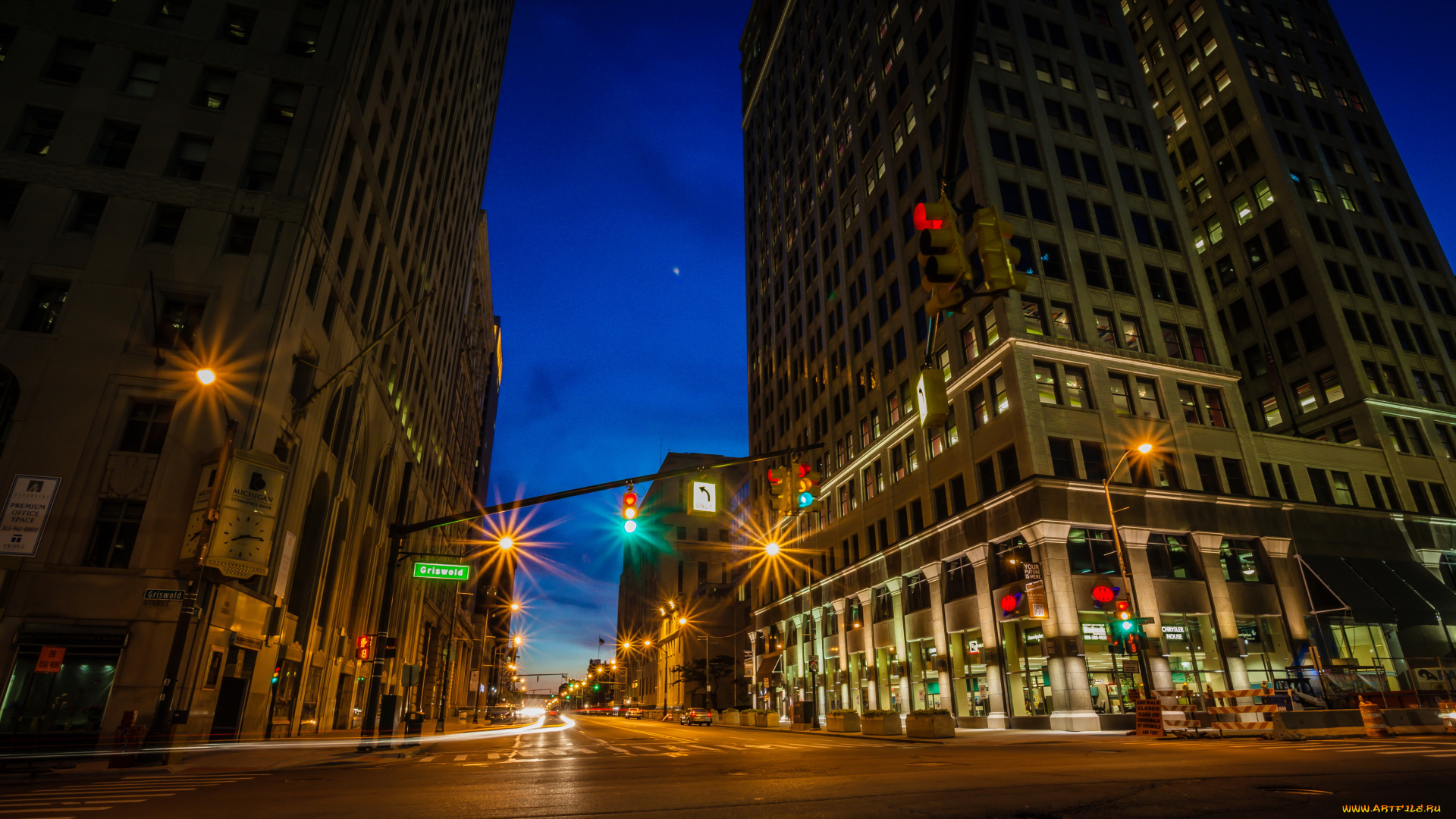 detroit, michigan, usa, города, огни, ночного, улица, дома, ночь