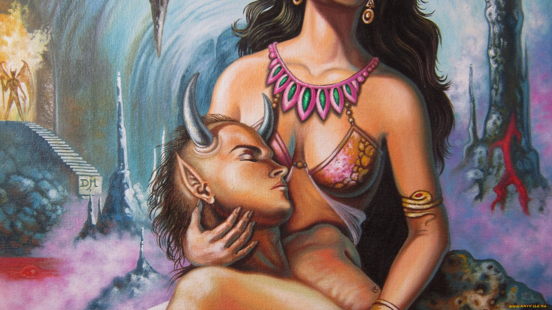 фэнтези, красавицы, чудовища, демон, рога, пещера, девушка