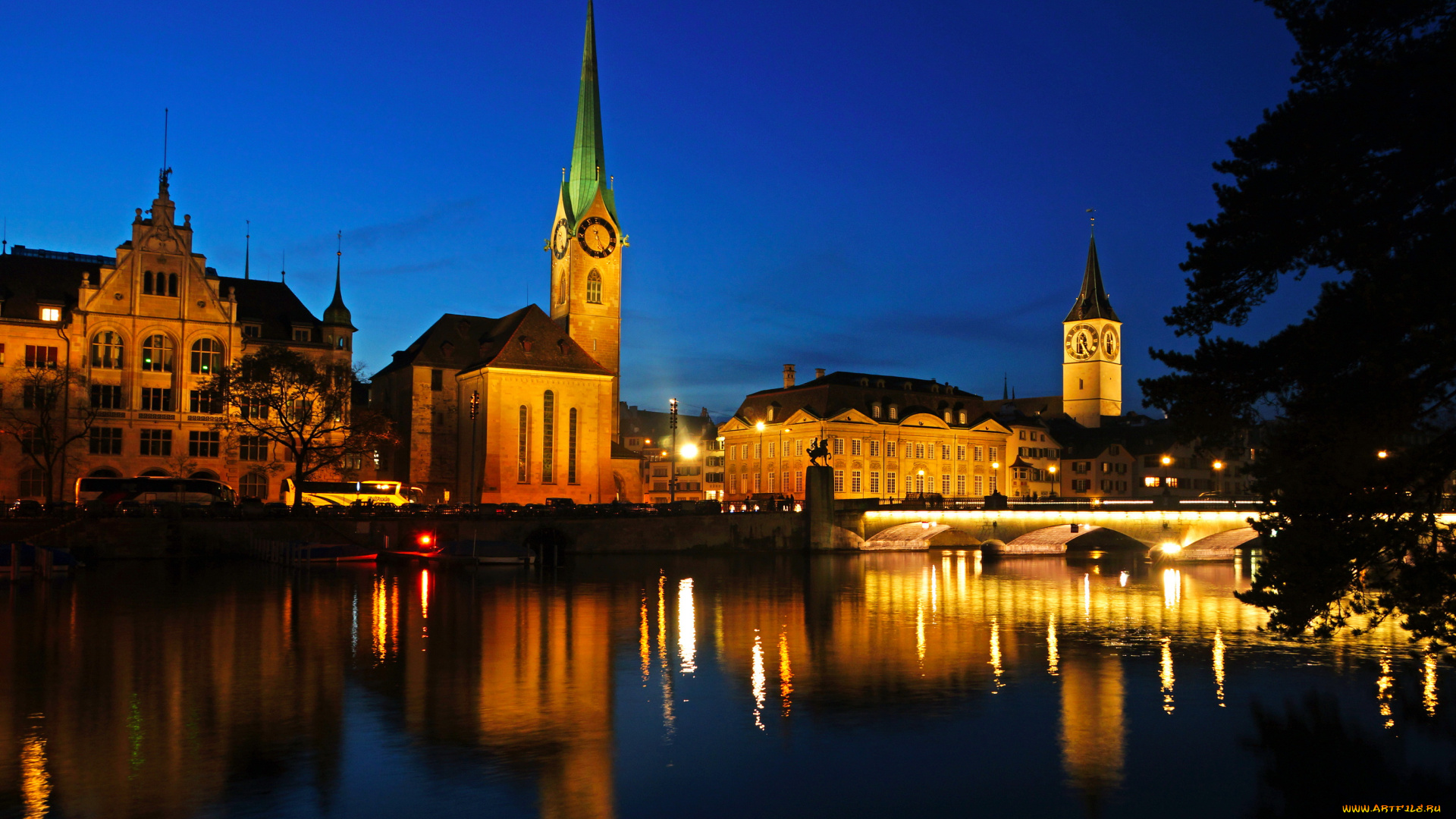 города, цюрих, швейцария, мост, огни, ночь, дома, река