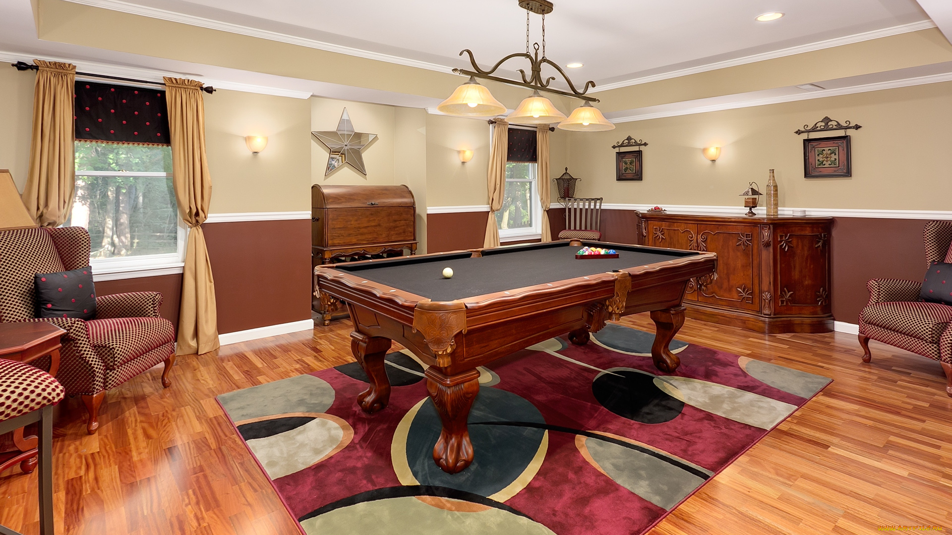 интерьер, бильярдная, люстра, кресла, бильярд