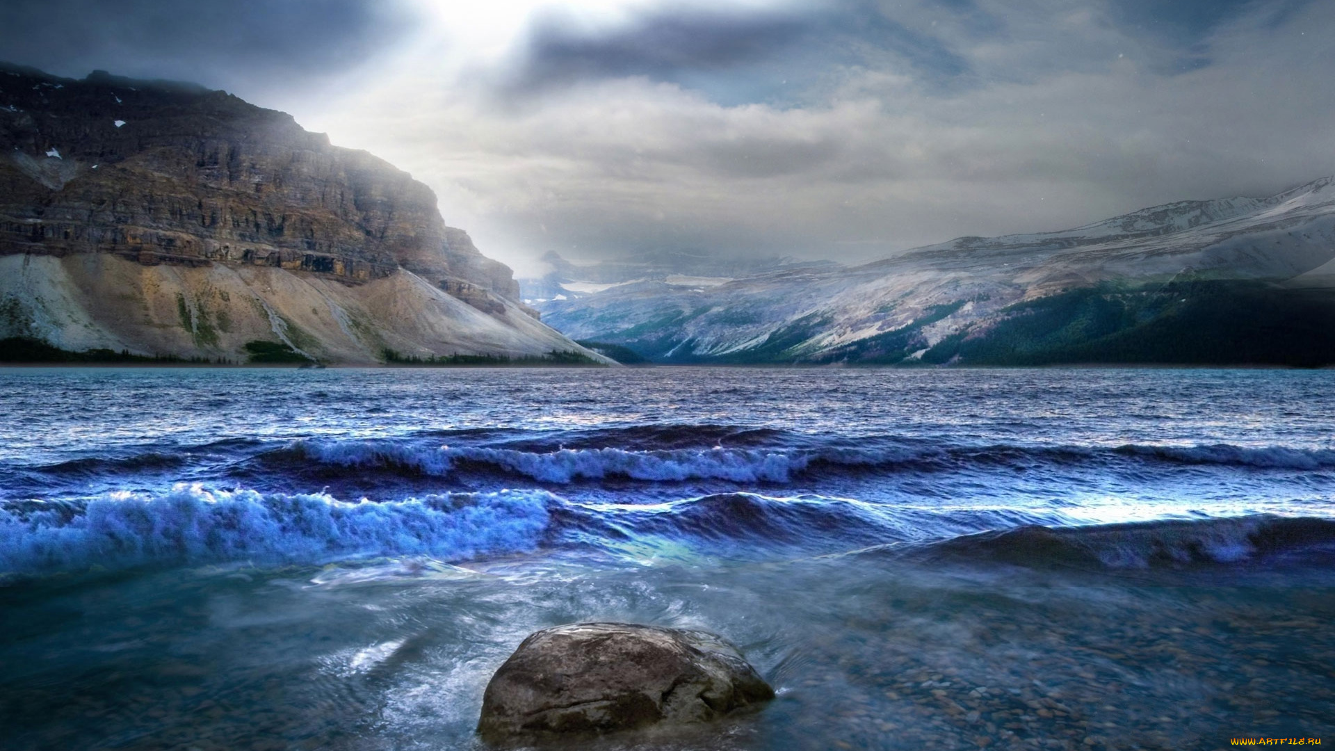 природа, реки, озера, сумрак, тучи, горы, река