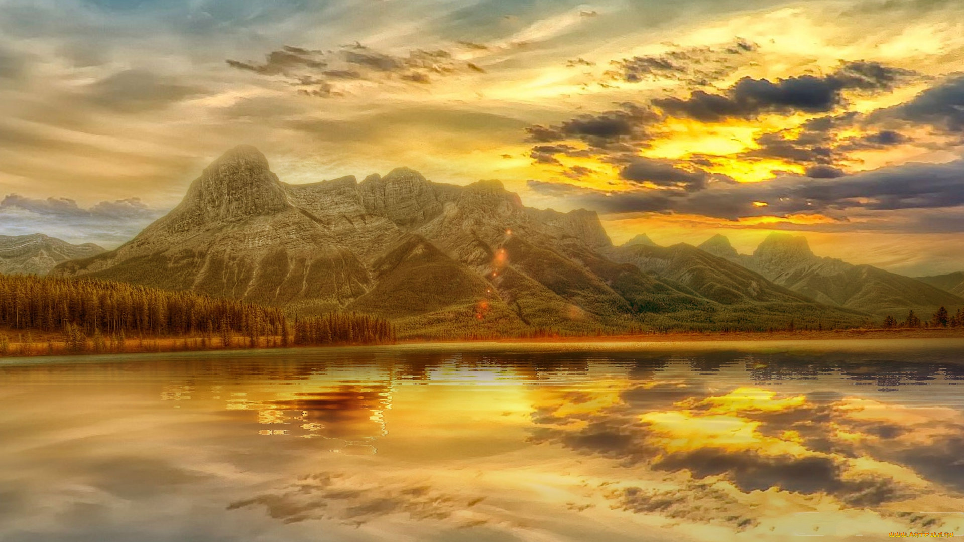 природа, восходы, закаты, горы, река, тучи, солнце, лес