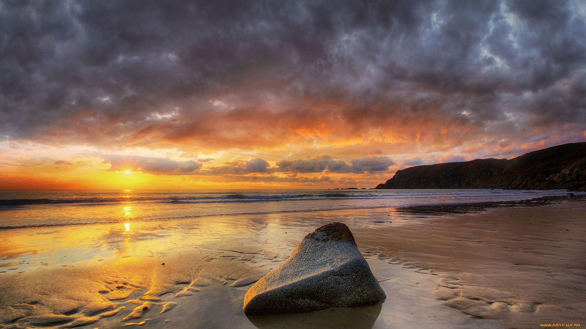 природа, восходы, закаты, песок, пляж, океан, тучи, волны, солнце