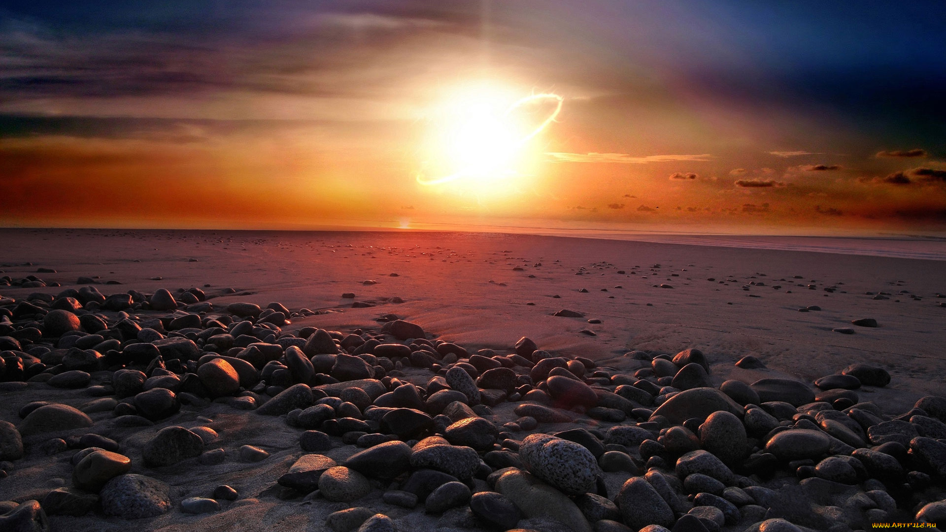 природа, восходы, закаты, пляж, песок, камни, слепящее, солнце
