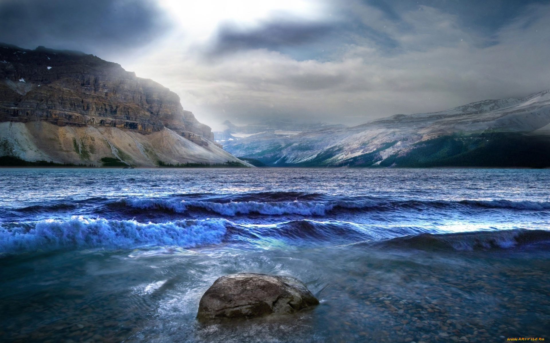 природа, реки, озера, сумрак, тучи, горы, река