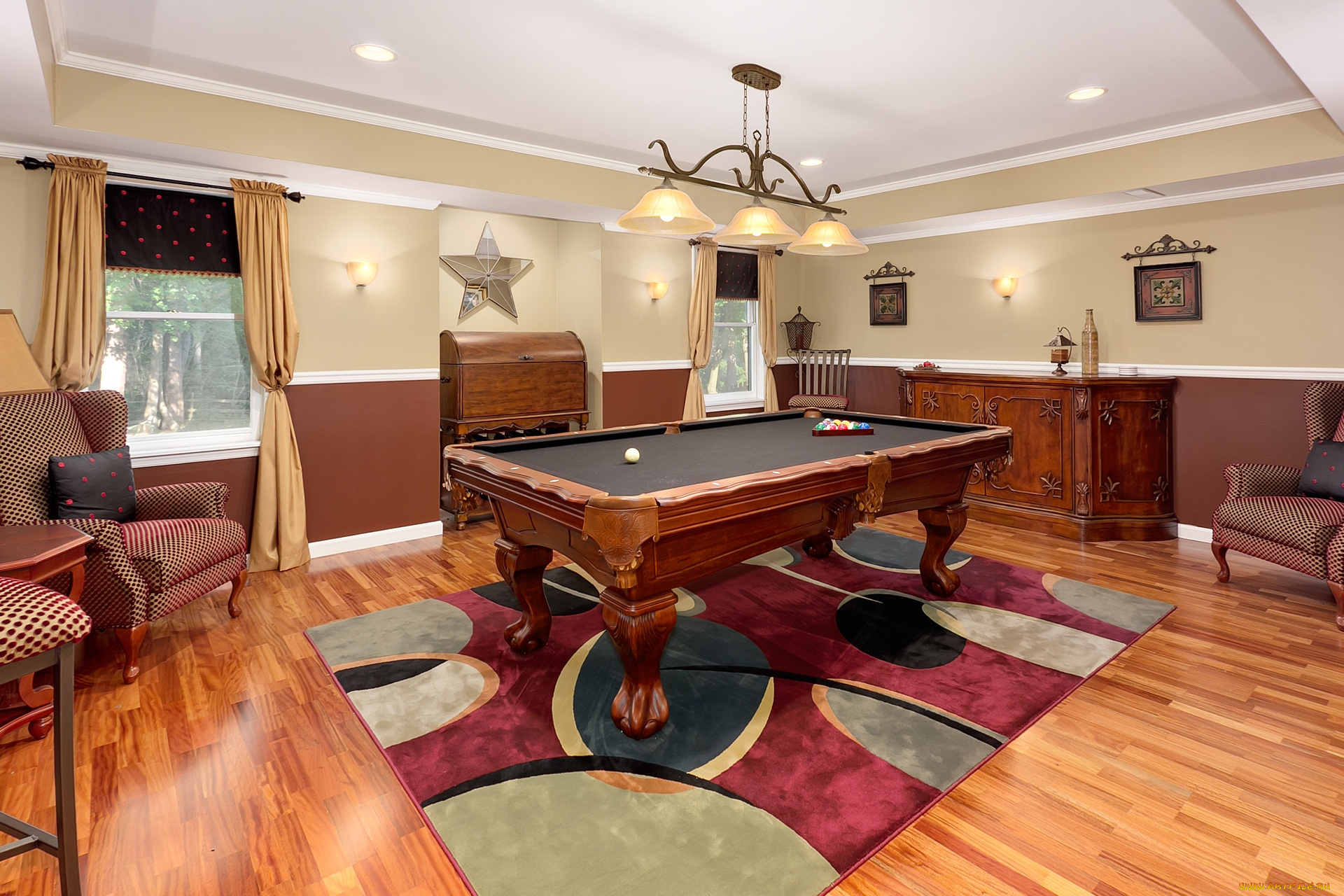 интерьер, бильярдная, люстра, кресла, бильярд