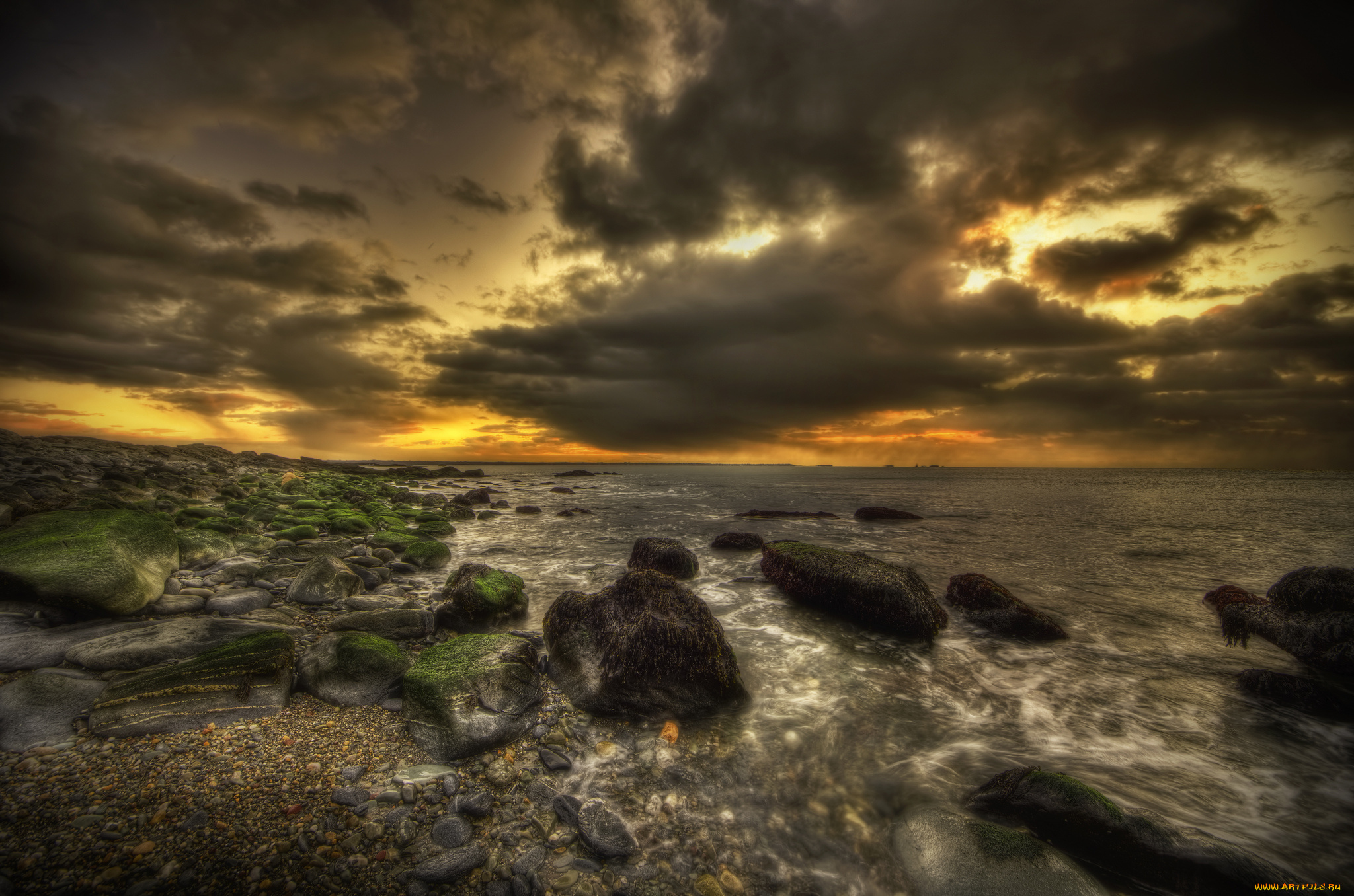 природа, побережье, тучи, камни, волны, океан