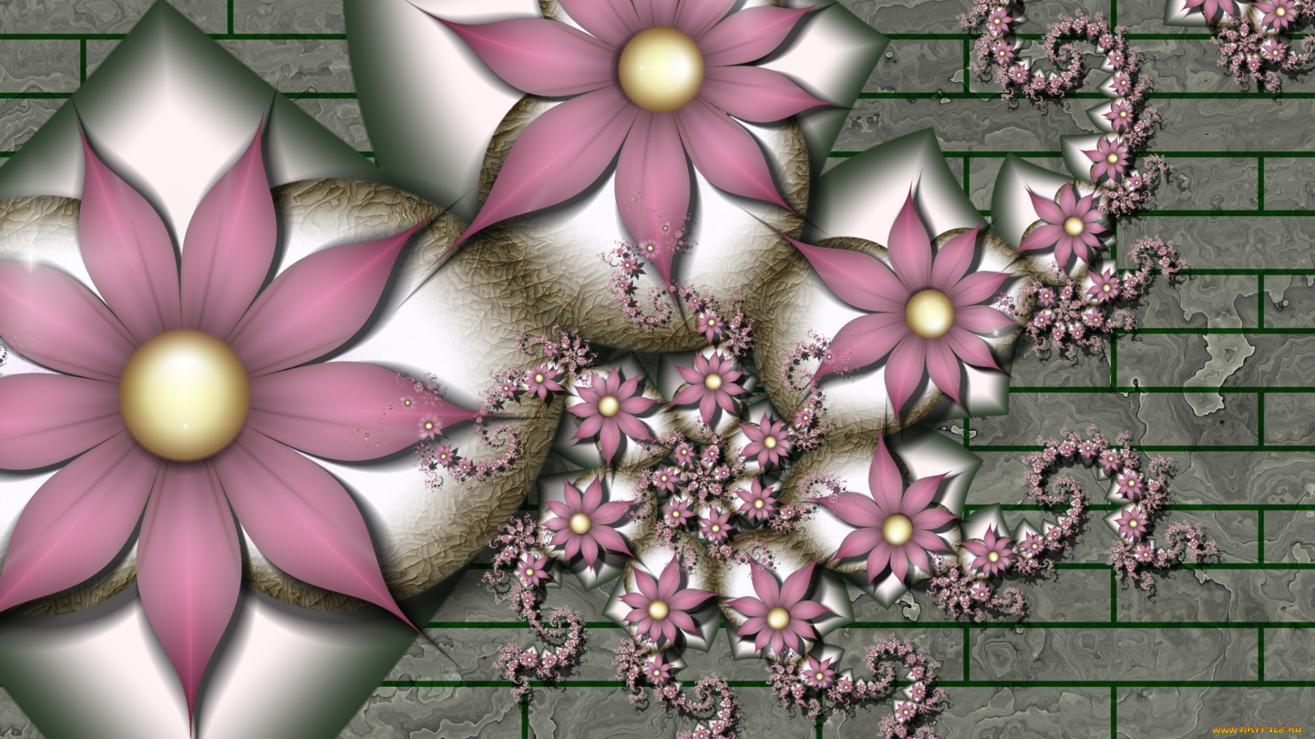 3д, графика, flowers, , цветы, стена, фон, лепестки