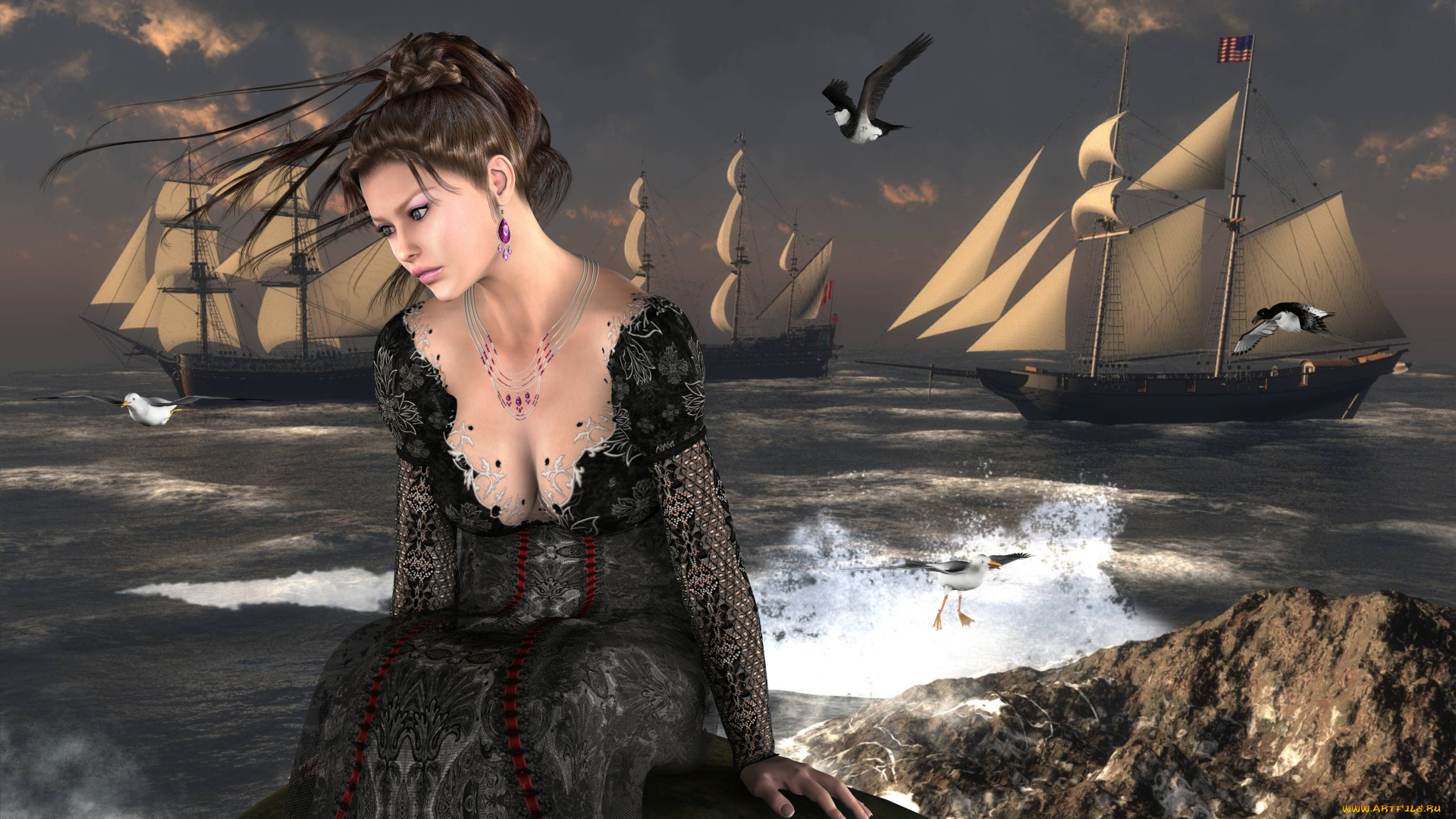 3д, графика, people, , люди, девушка, парусники, облака, море, чайки