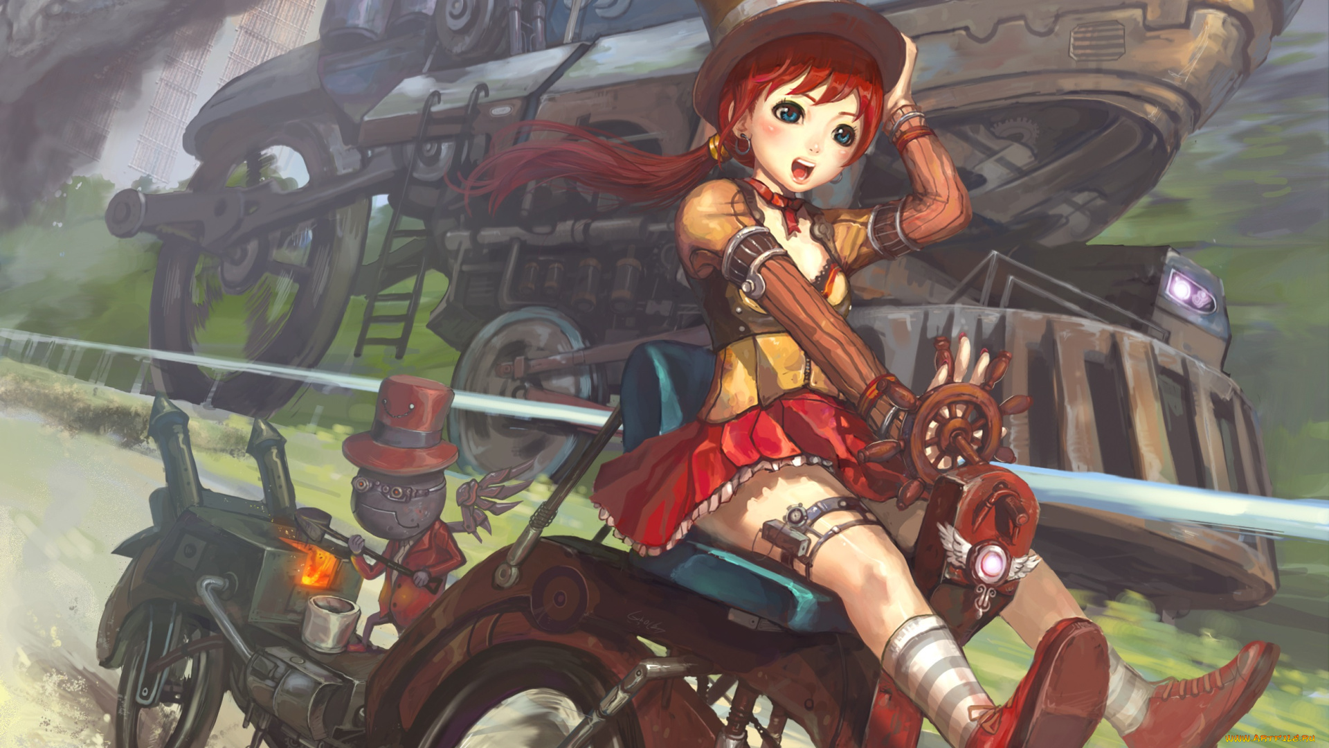 аниме, -weapon, , blood, &, technology, агригат, едет, машина, дорога, шляпа, велосипед, девочка