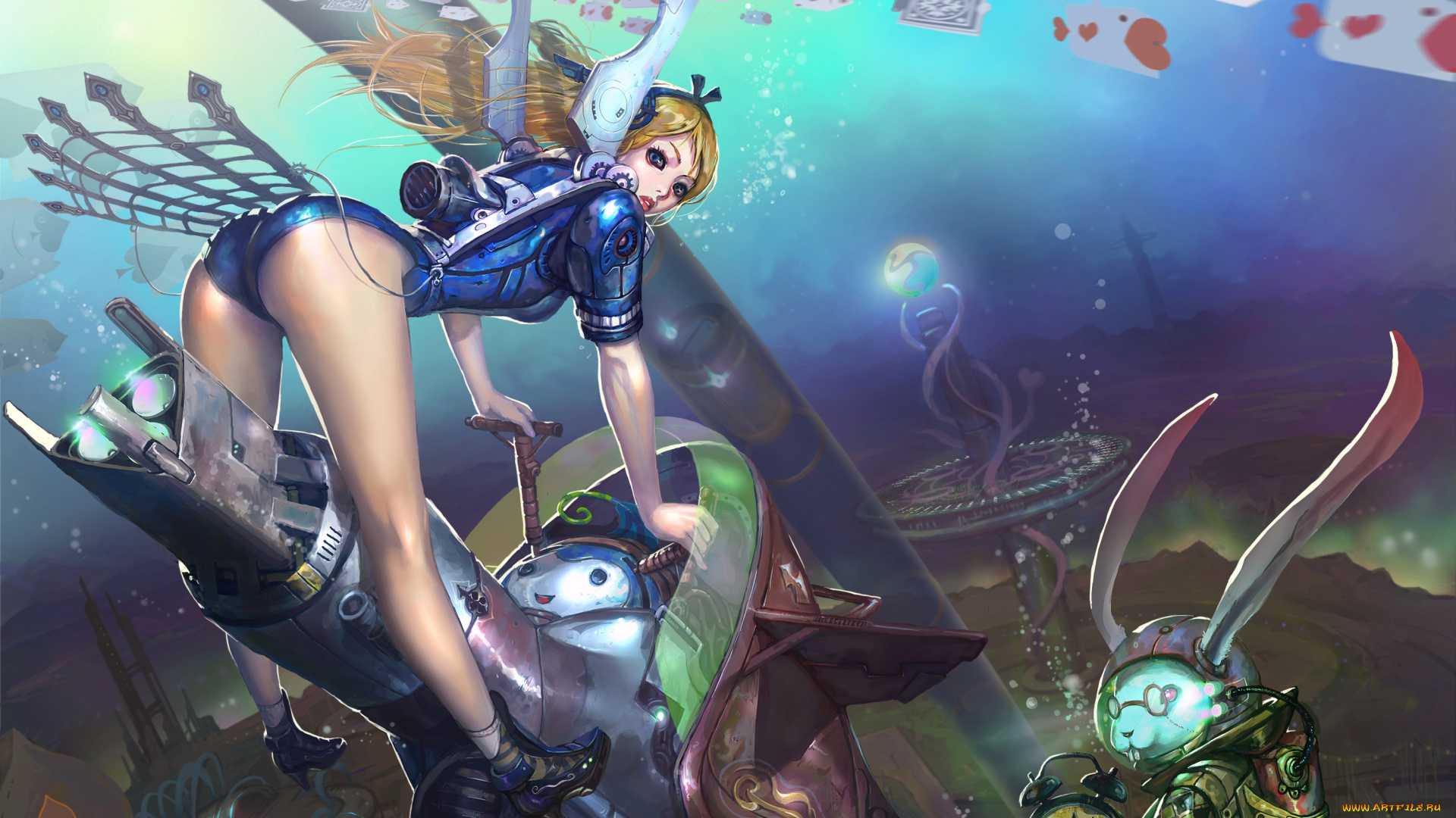 аниме, alice, in, wonderland, девушка, карты, фентези, алиса, кролик, пузырьки, вода, часы