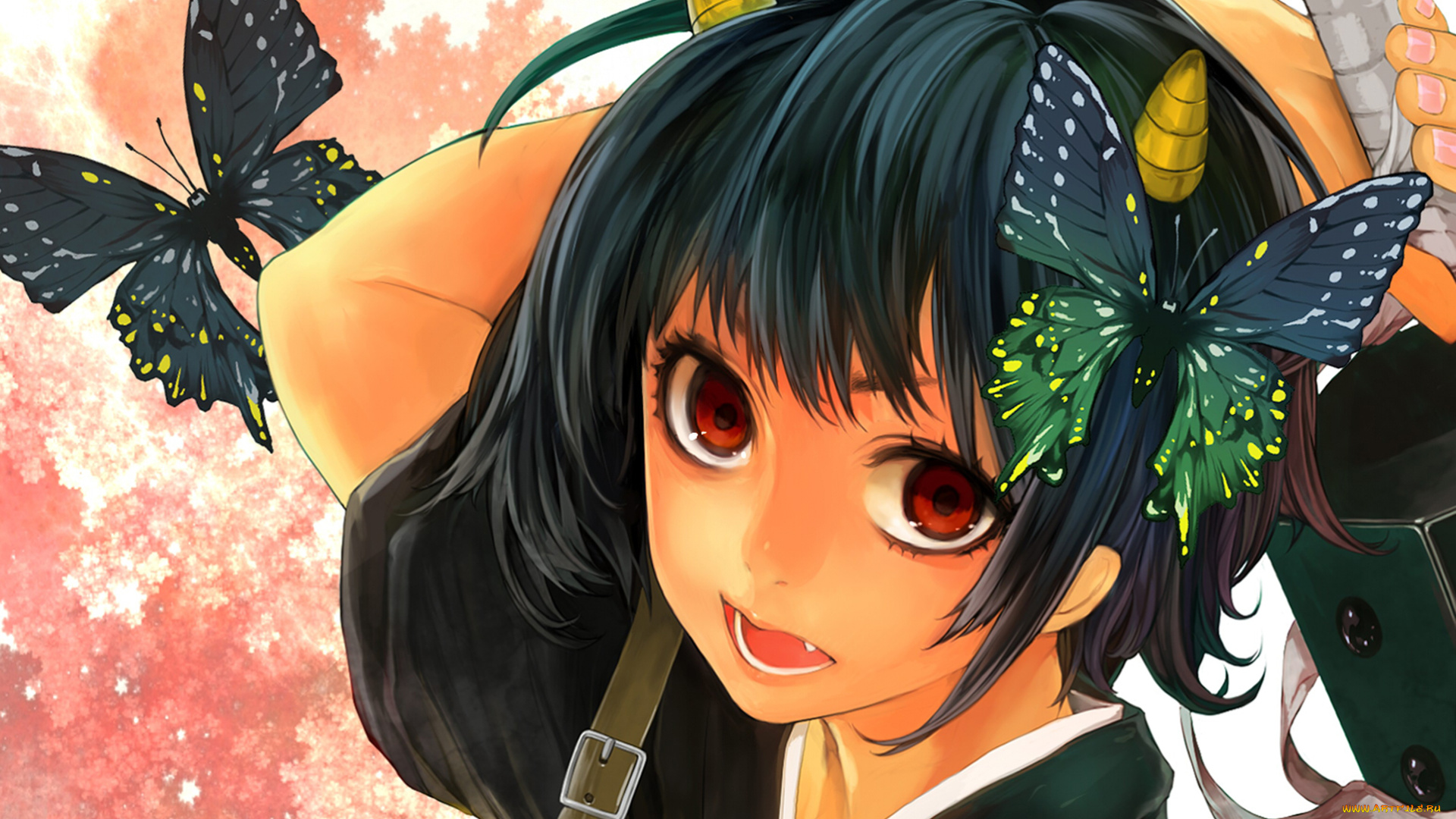 аниме, gintama, красные, глаз, рога, бабочки, демон, гинтама, gedoumaru