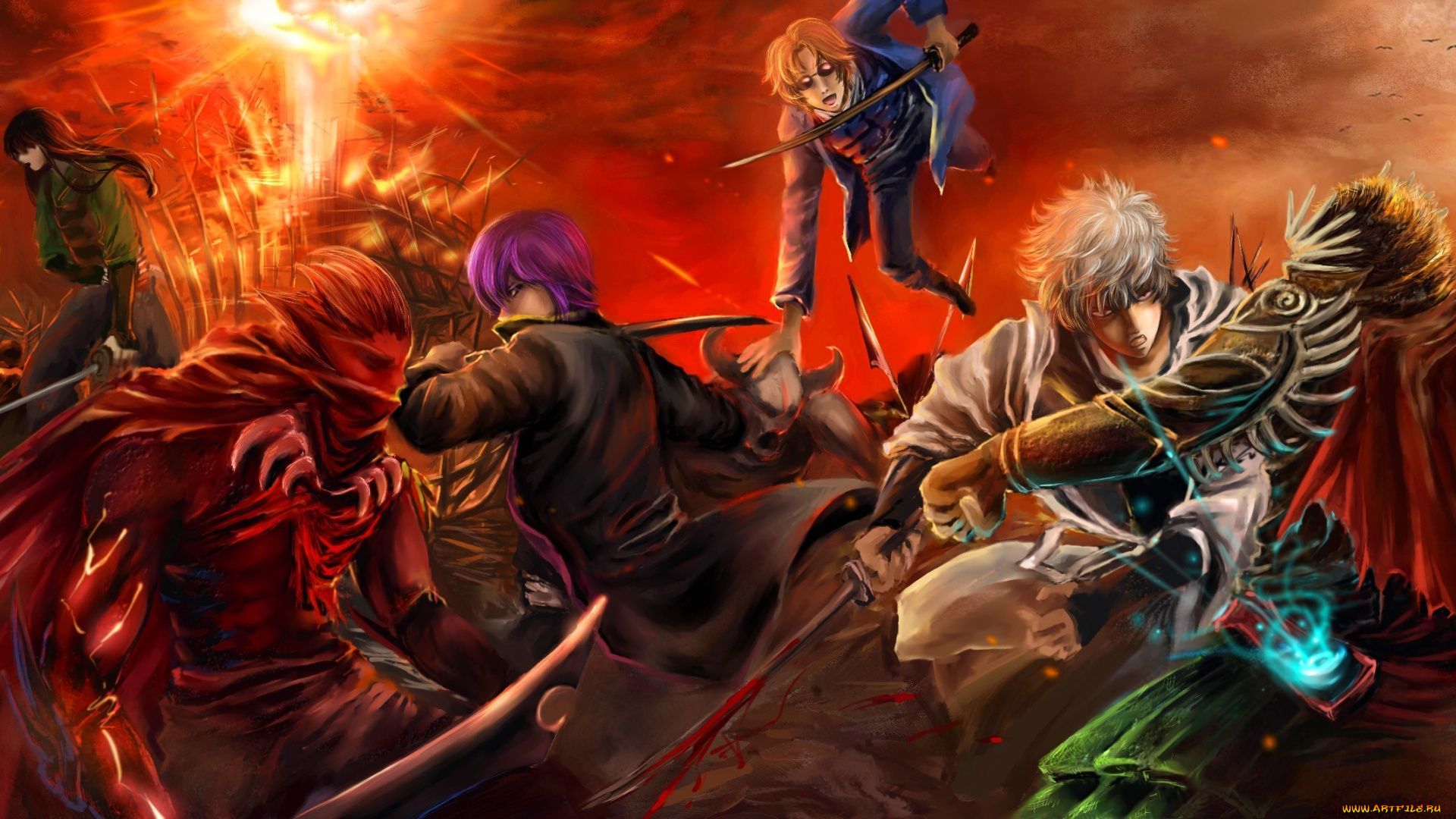 аниме, gintama, кровь, взрыв, rikamello, арт, катана, огонь, меч, битва, парни, оружие