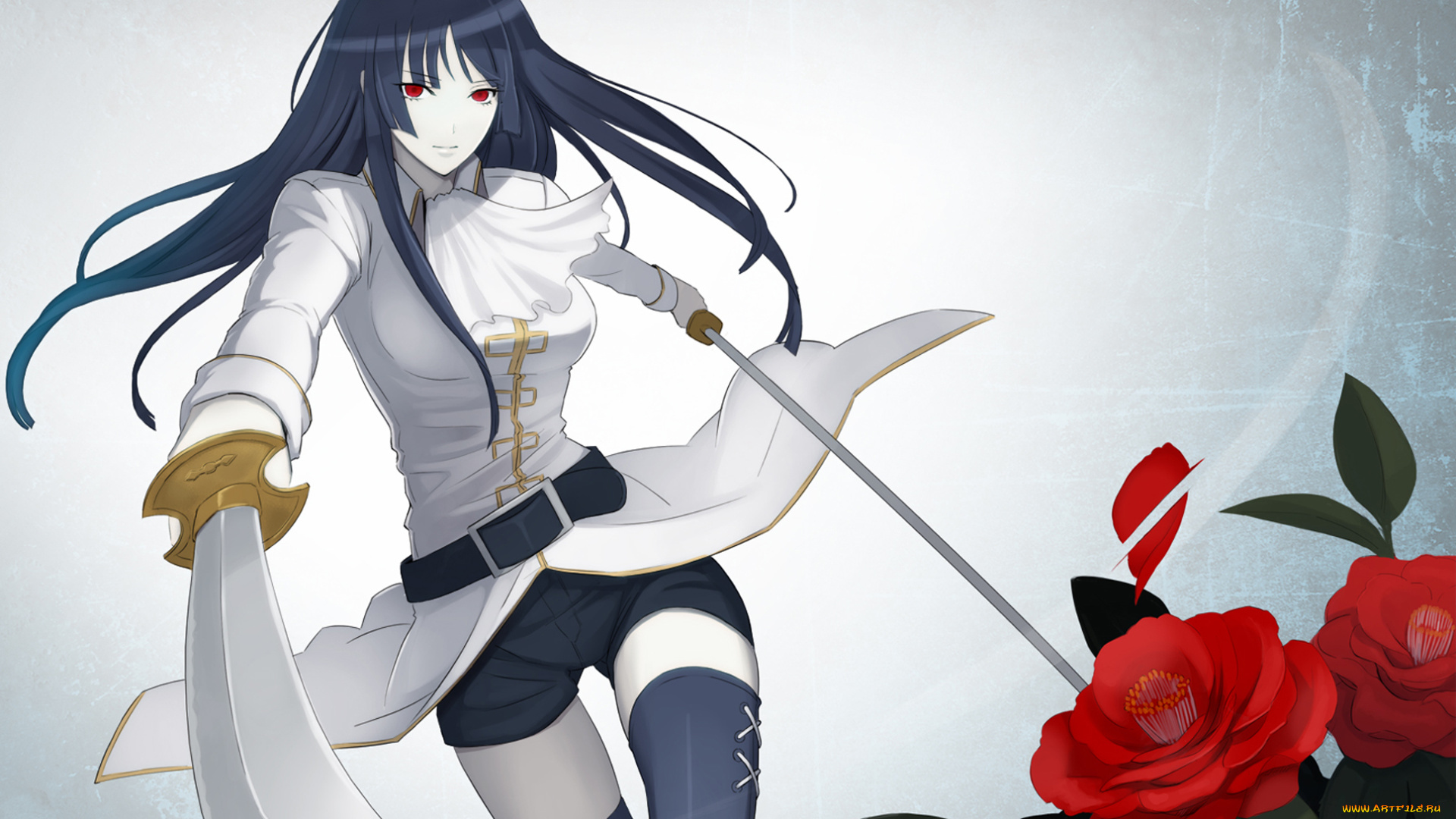 аниме, gintama, мечи, чулки, розы, красные, глаза, девушка, гинтама, imai, nobume