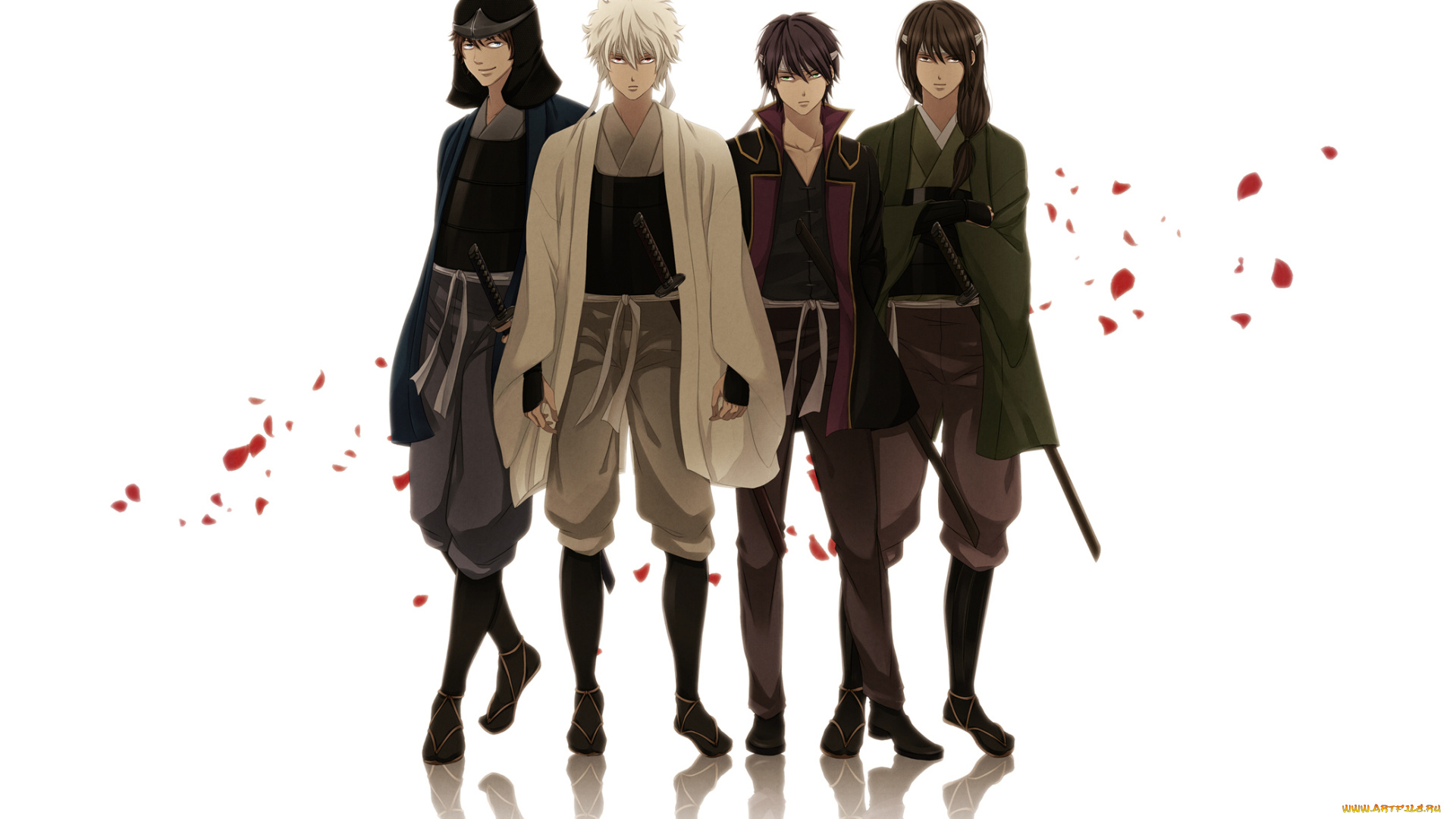 аниме, gintama, мечи, лепестки, самураи, гинтама, takasugi, shinsuke, tatsuma, sakamoto, katsura, kotaro, sakata, gintoki, катаны