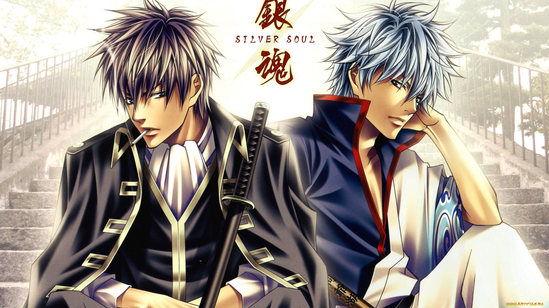 аниме, gintama, сигарета, иероглифы, мечи, hijikata, toushirou, парни, лестница, sakata, gintoki