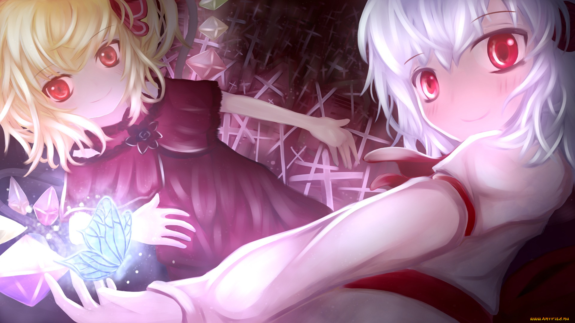 аниме, touhou, бабочка, flandre, scarlet, девушки, remilia, shoichi, улыбка, крылья, кристаллы, магия, арт