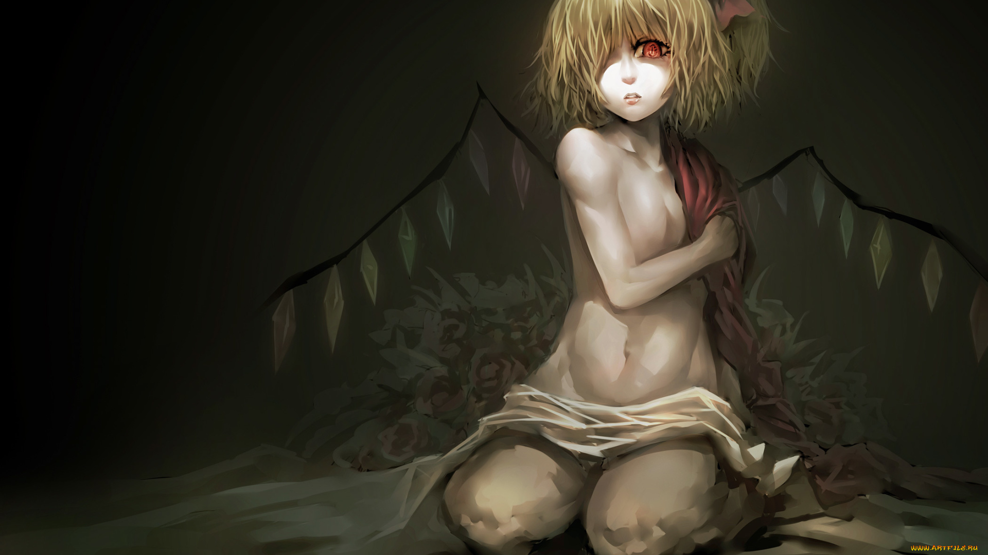 аниме, touhou, девушка, flandre, scarlet, madcocoon, арт, бант, крылья, обнажены, кристаллы, цветы
