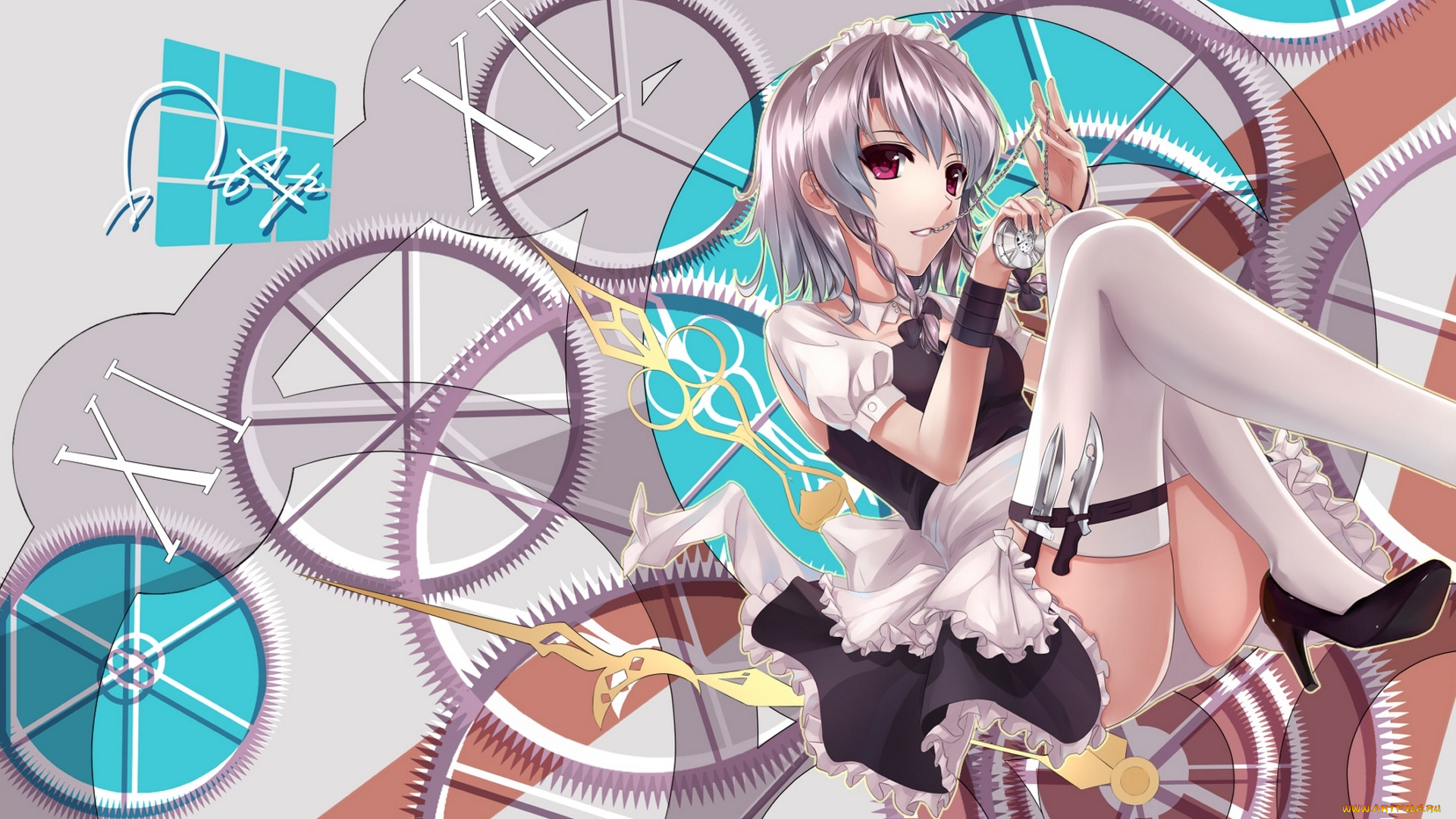 аниме, touhou, взгляд, девушка, izayoi, sakuya, ножи, часы, трусики, улыбка, koyomaru, art