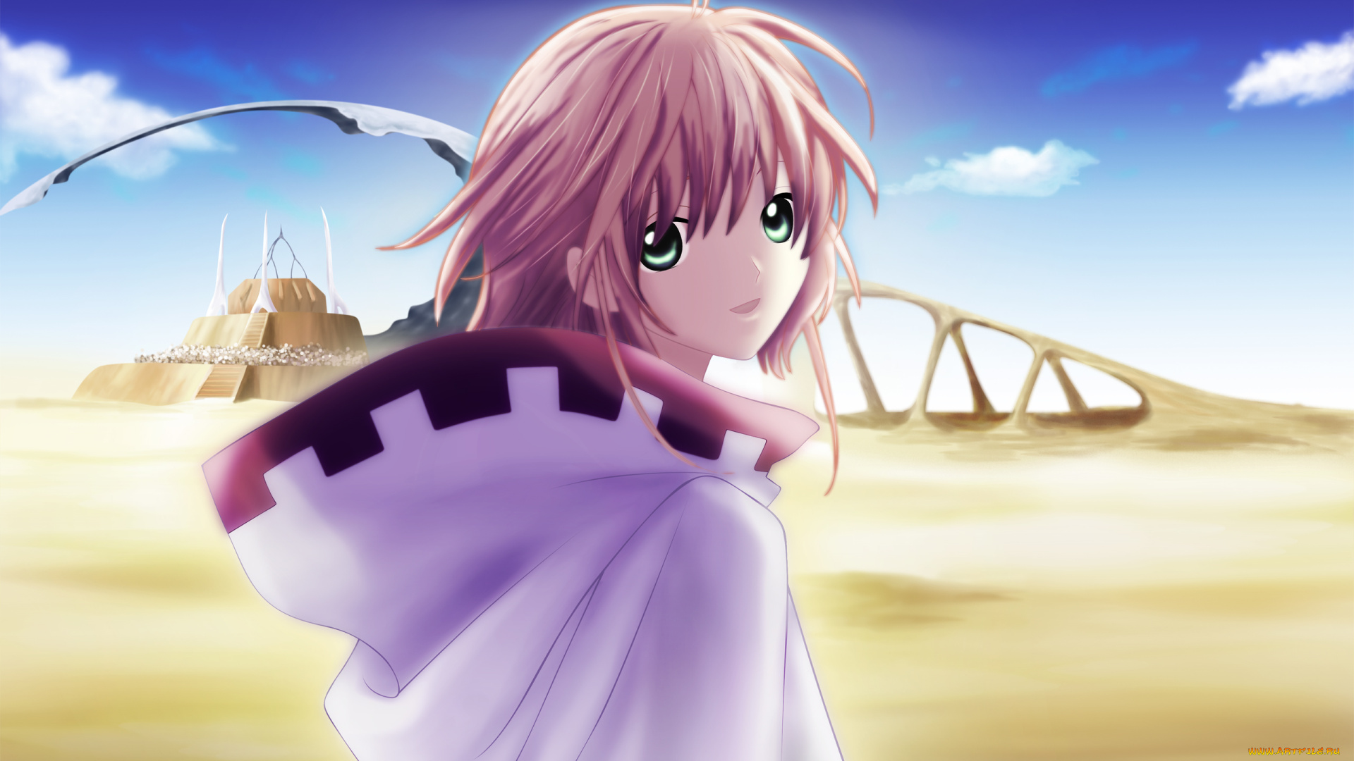 аниме, tsubasa, reservoir, chronicles, девушка, пустыня, sakura, улыбка, замок