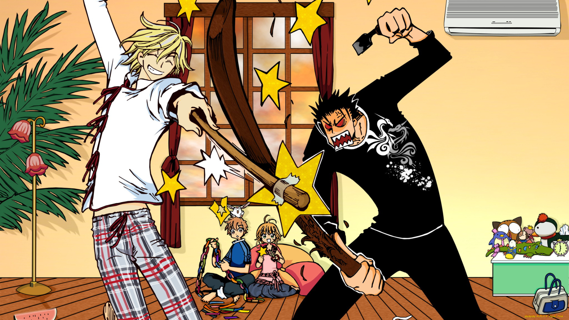 аниме, tsubasa, reservoir, chronicles, игрушки, гирлянда, fay, d, flourite, kurogane, растение, шторы, драка, комната, окно, арбуз, звезды, mokona, sakura, syaoran, люди