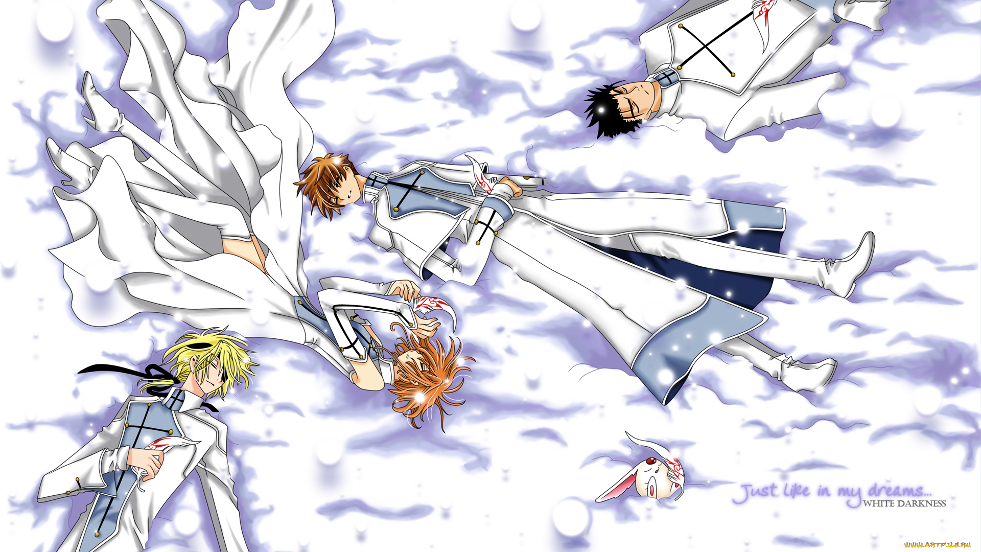 аниме, tsubasa, reservoir, chronicles, сон, перья, снег, kurogane, fay, d, flourite, люди, mokona, sakura, syaoran