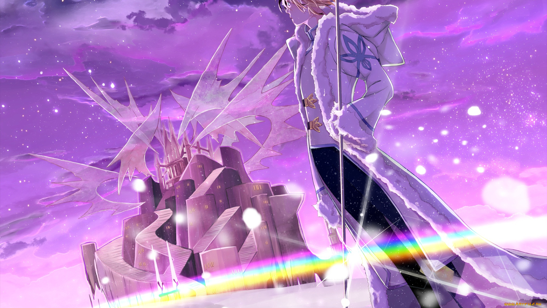 by, saki, аниме, tsubasa, reservoir, chronicles, крылья, облака, замок, небо, маг, жезл, лестница, блик, снег, fay, d, flourite, парень