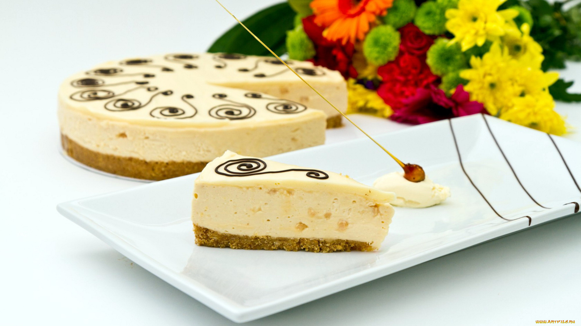 еда, торты, кусок, тарелка, цветы, торт