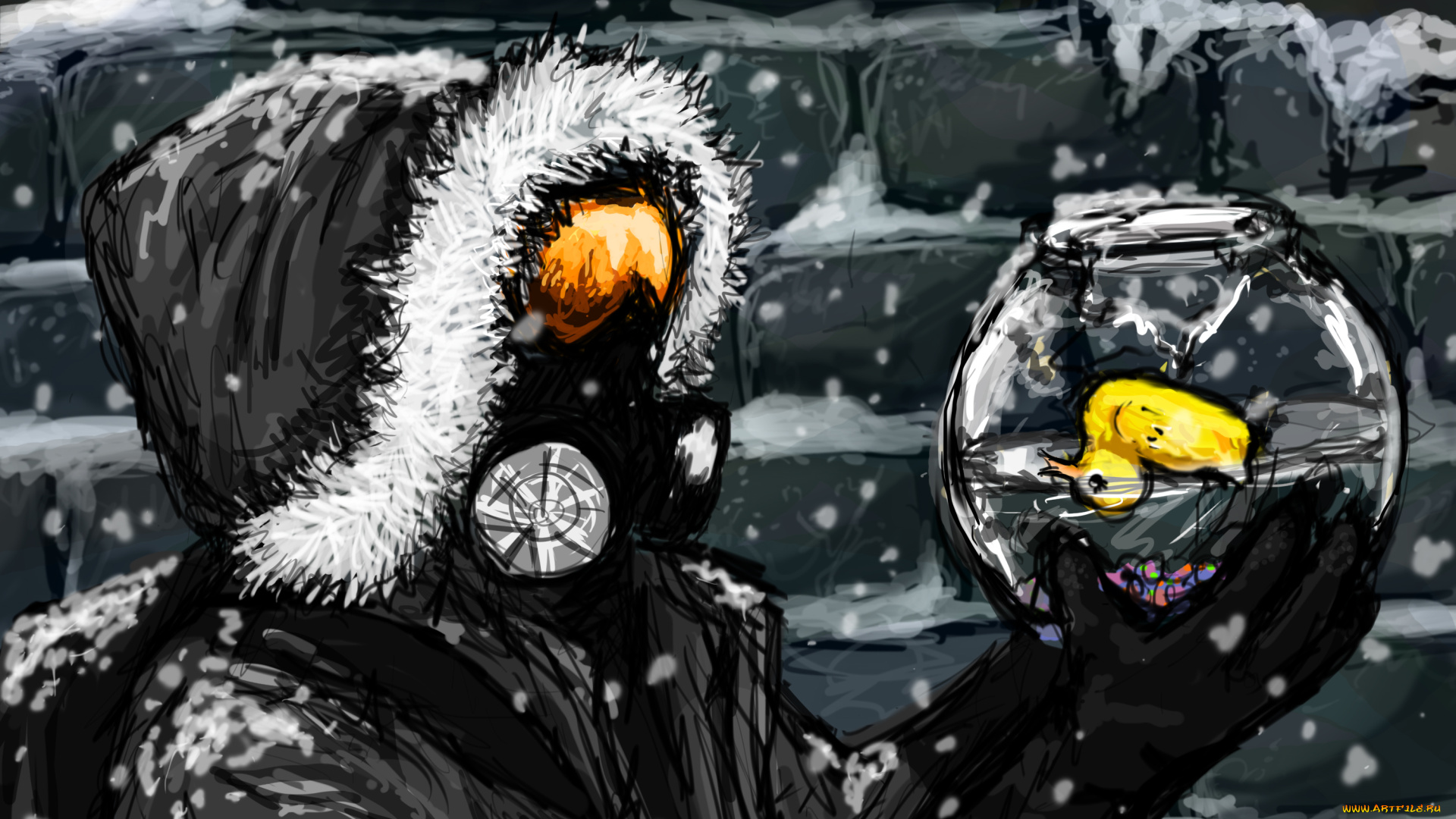 фэнтези, люди, мех, жёлтая, резиновая, аквариум, капюшон, уточка, парень, человек, противогаз, снег, стена