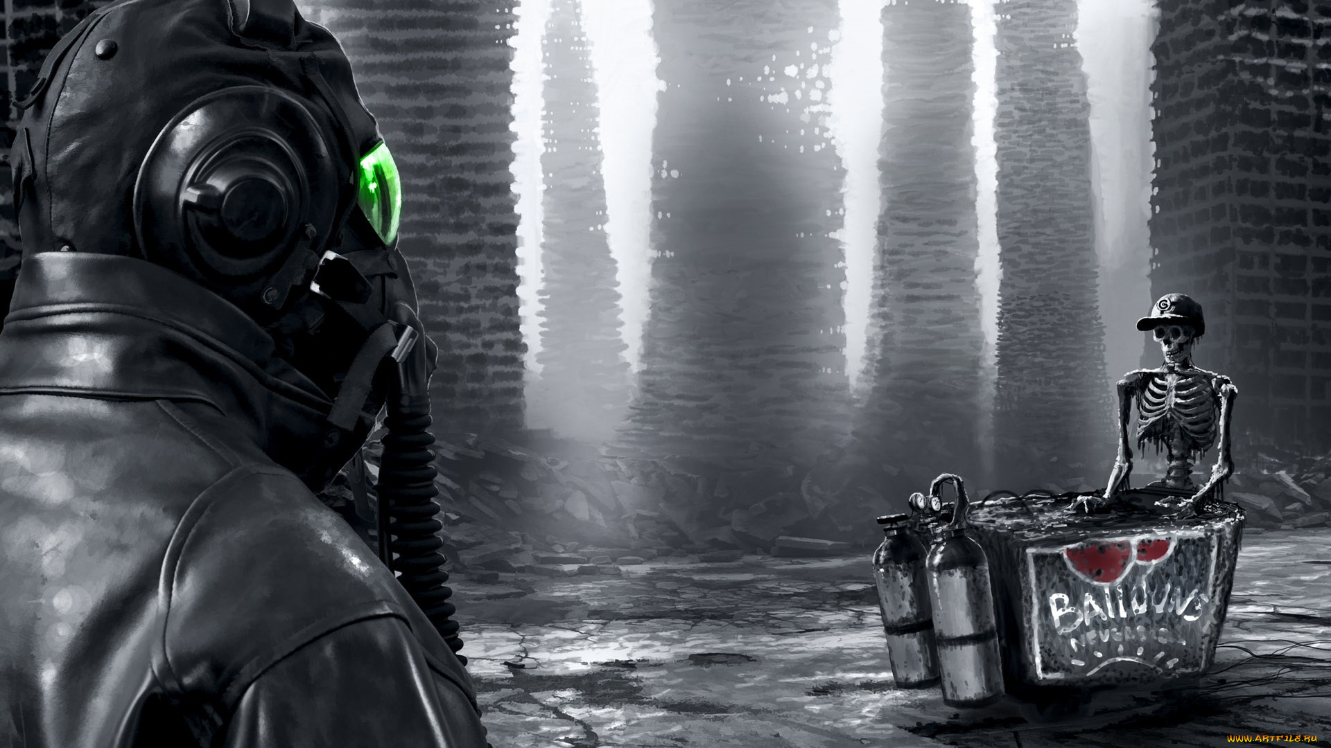 фэнтези, люди, противогаз, каркасы, кепка, скелет, руины, человек
