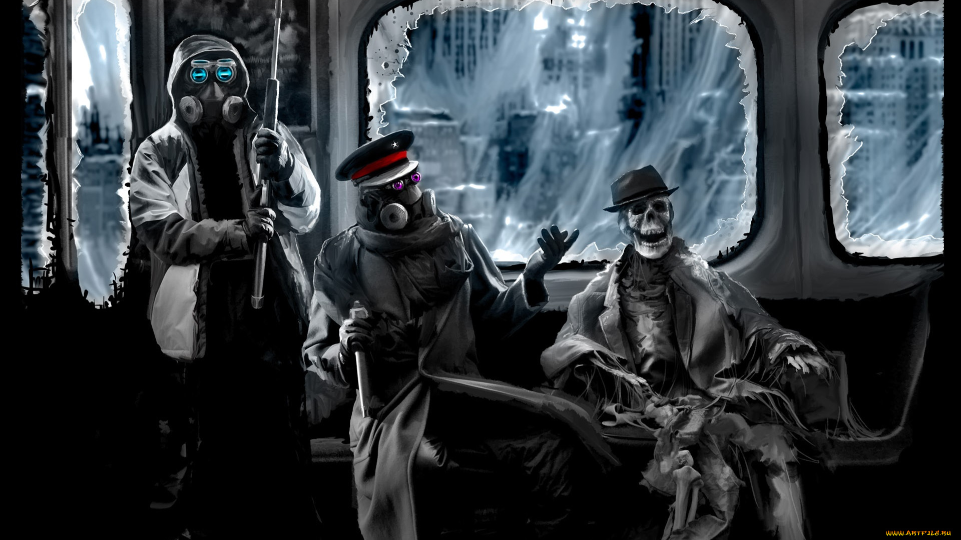 фэнтези, люди, противогазы, скелет, окна, капюшон