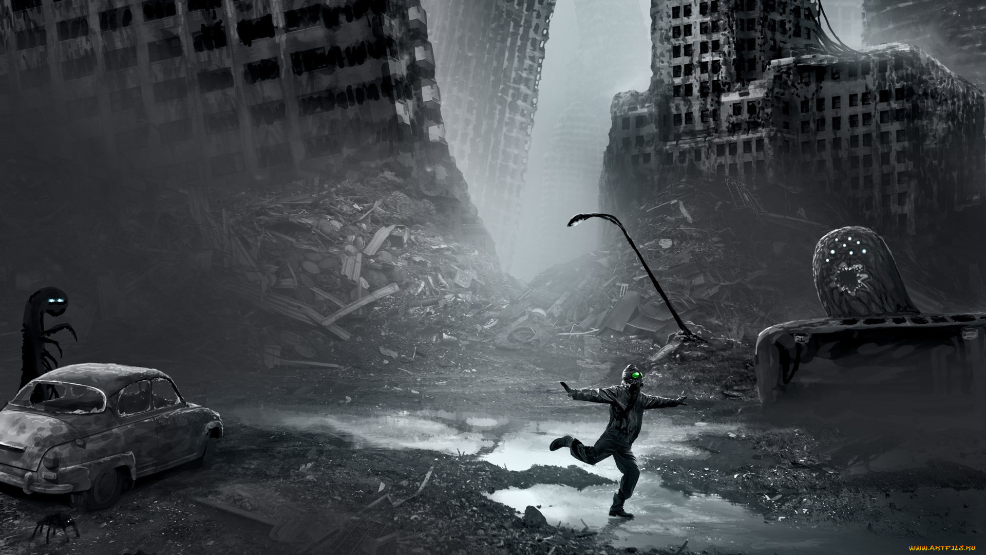 фэнтези, люди, туман, развалины, руины, существа, обломки, фонарь, лёд, человек