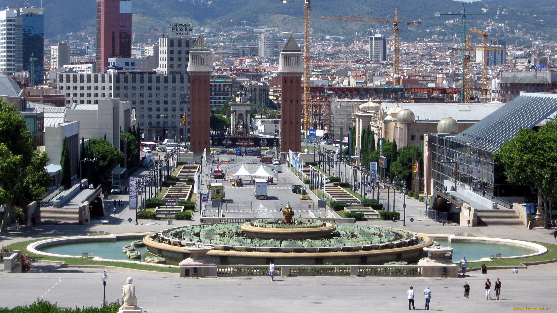 города, барселона, , испания, панорама, фонтан