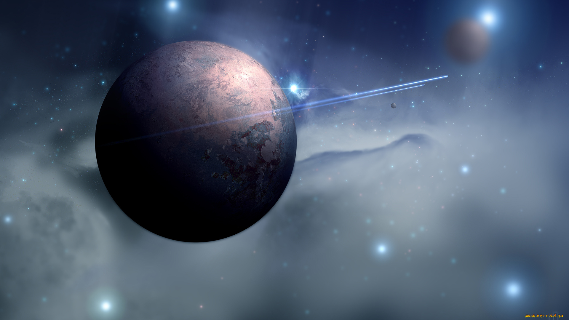 космос, арт, туманность, полет, след, корабли, планеты