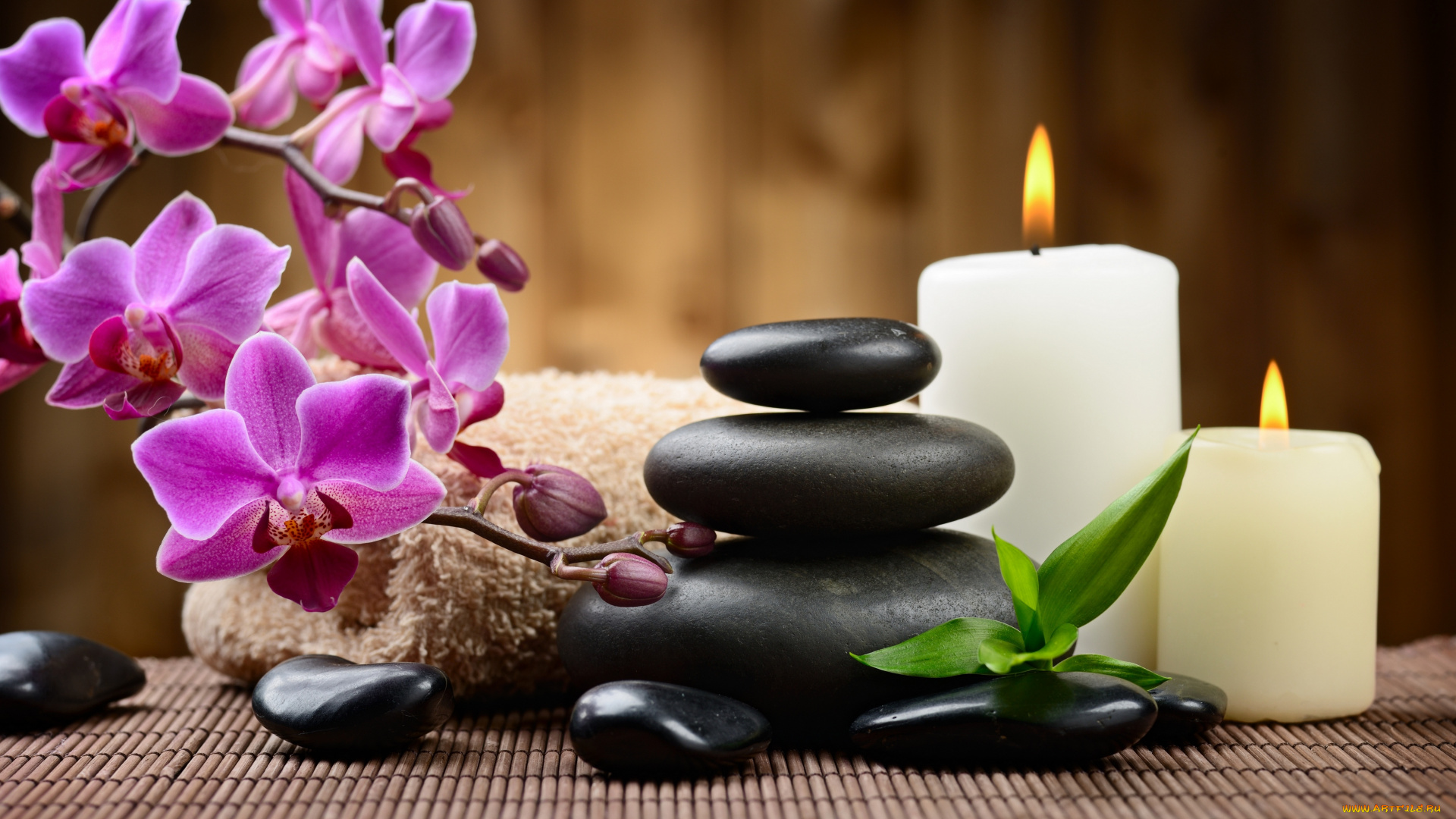 разное, свечи, листья, камни, орхидея, полотенце