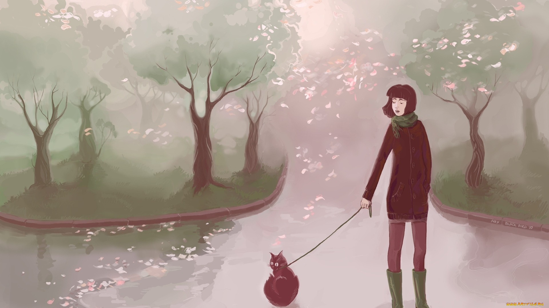 рисованные, люди, парк, кот, девушка