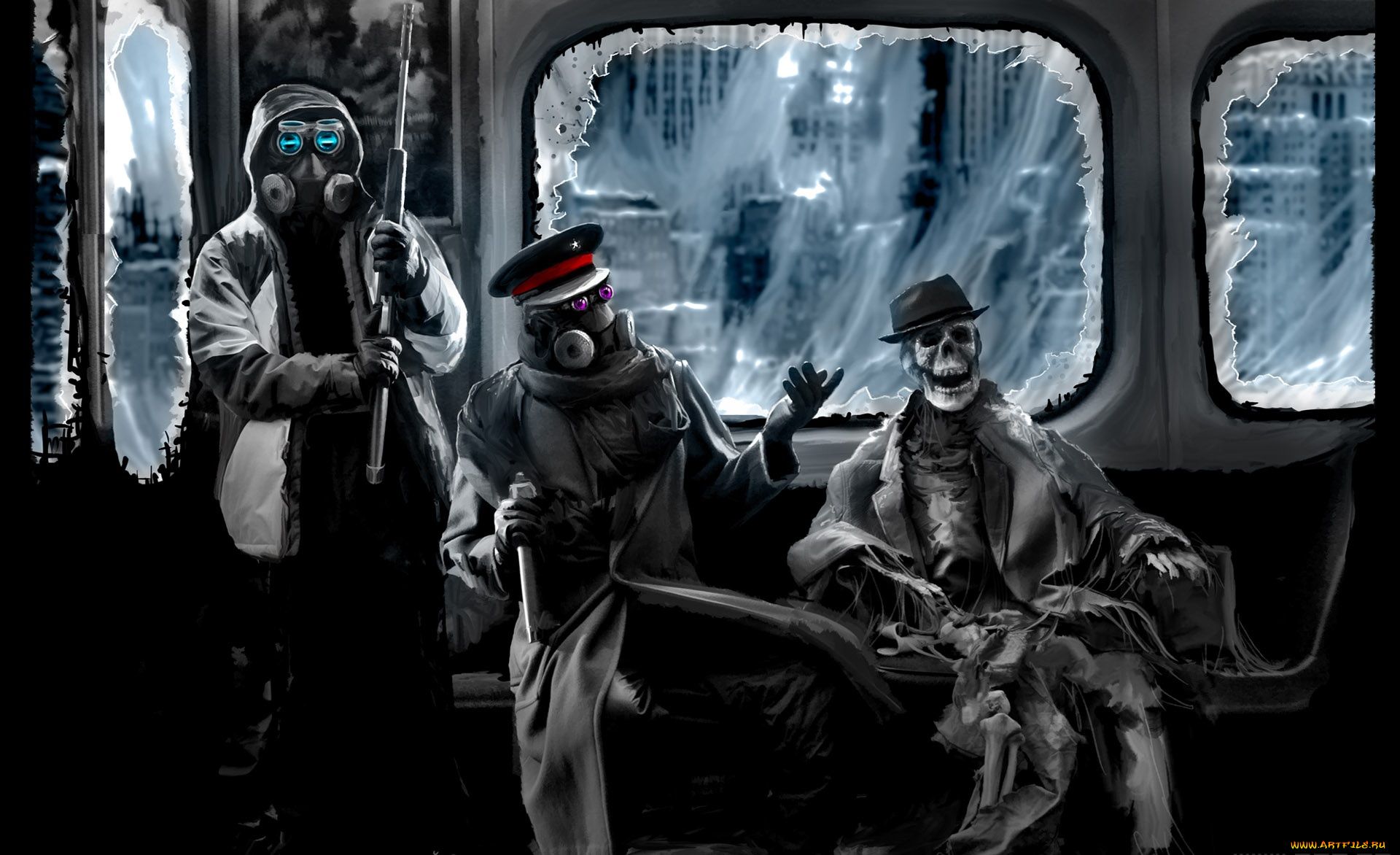 фэнтези, люди, противогазы, скелет, окна, капюшон