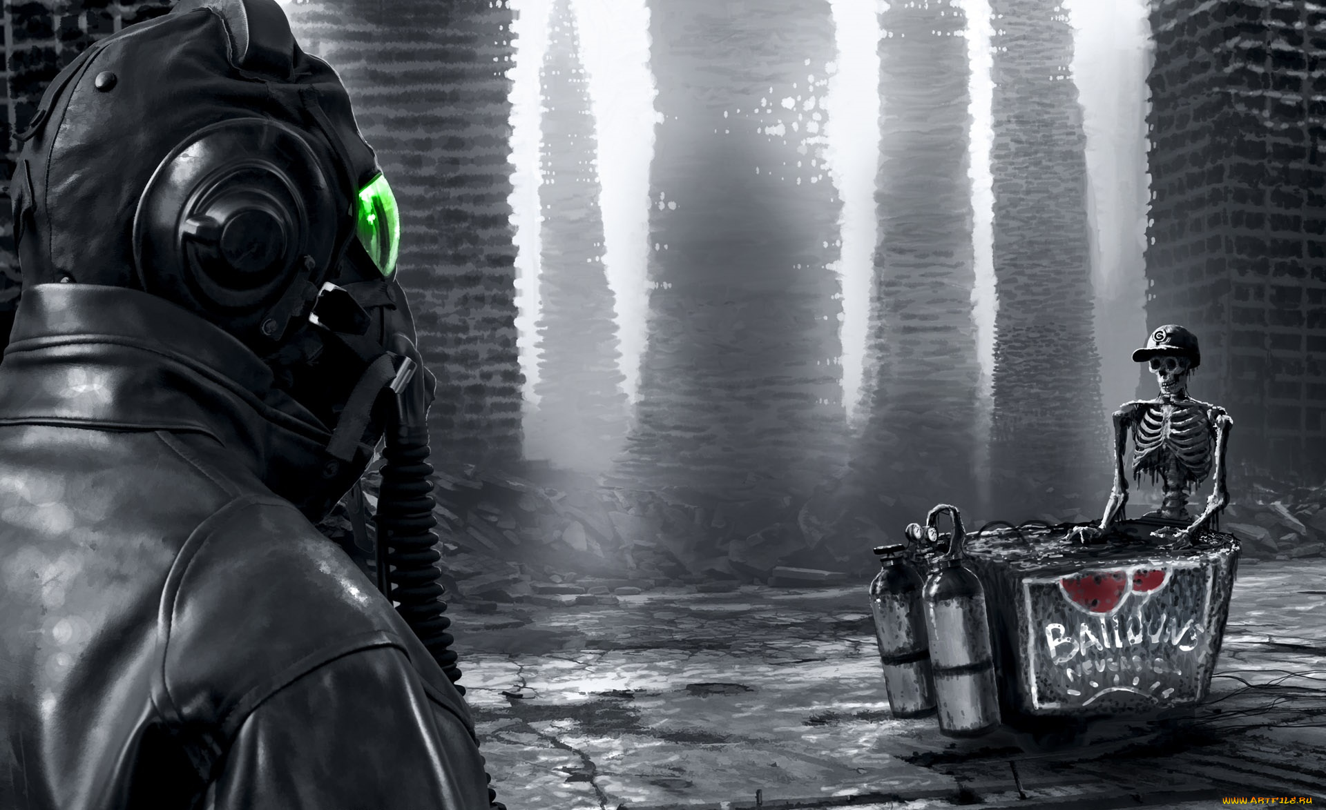 фэнтези, люди, противогаз, каркасы, кепка, скелет, руины, человек