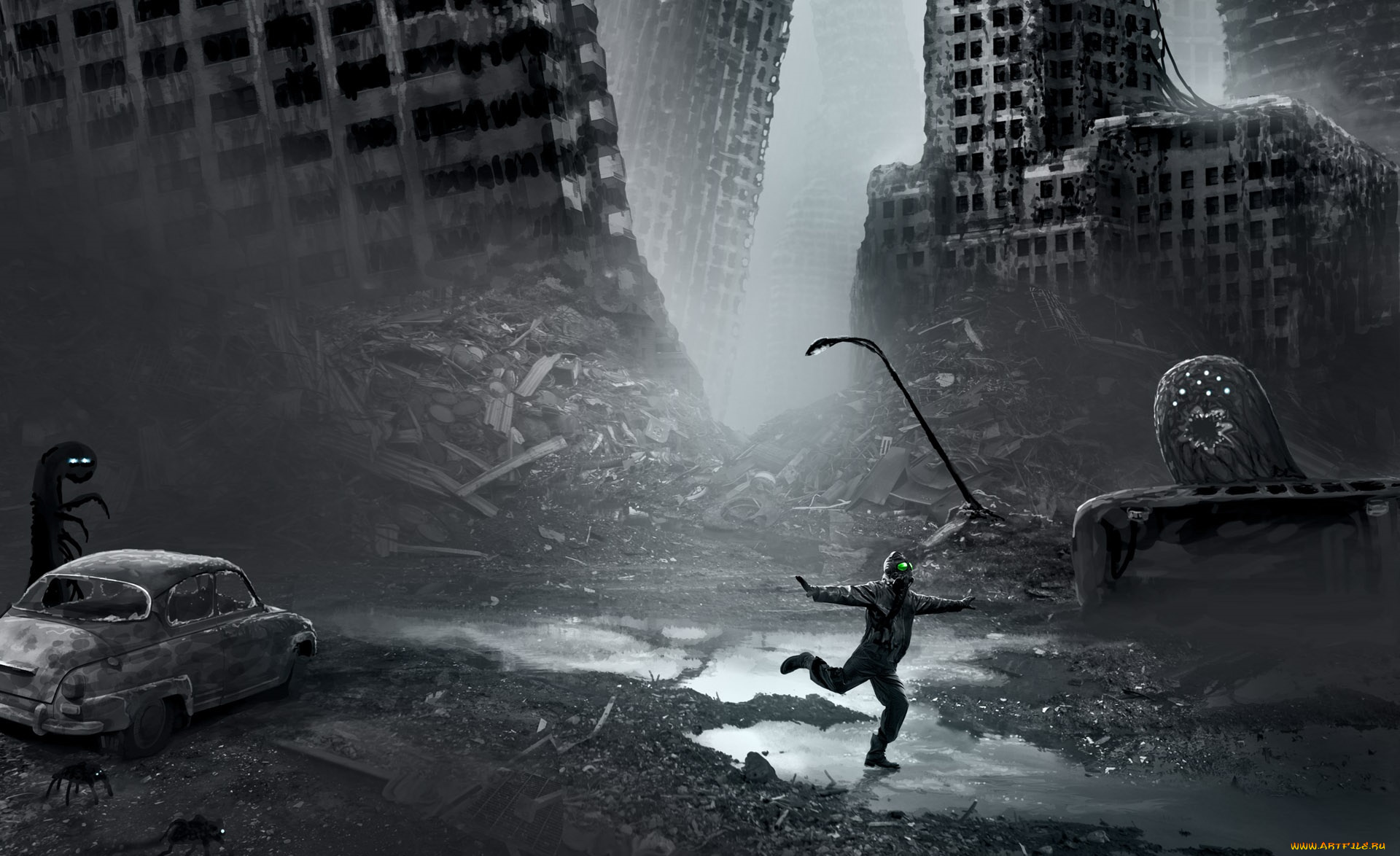 фэнтези, люди, туман, развалины, руины, существа, обломки, фонарь, лёд, человек