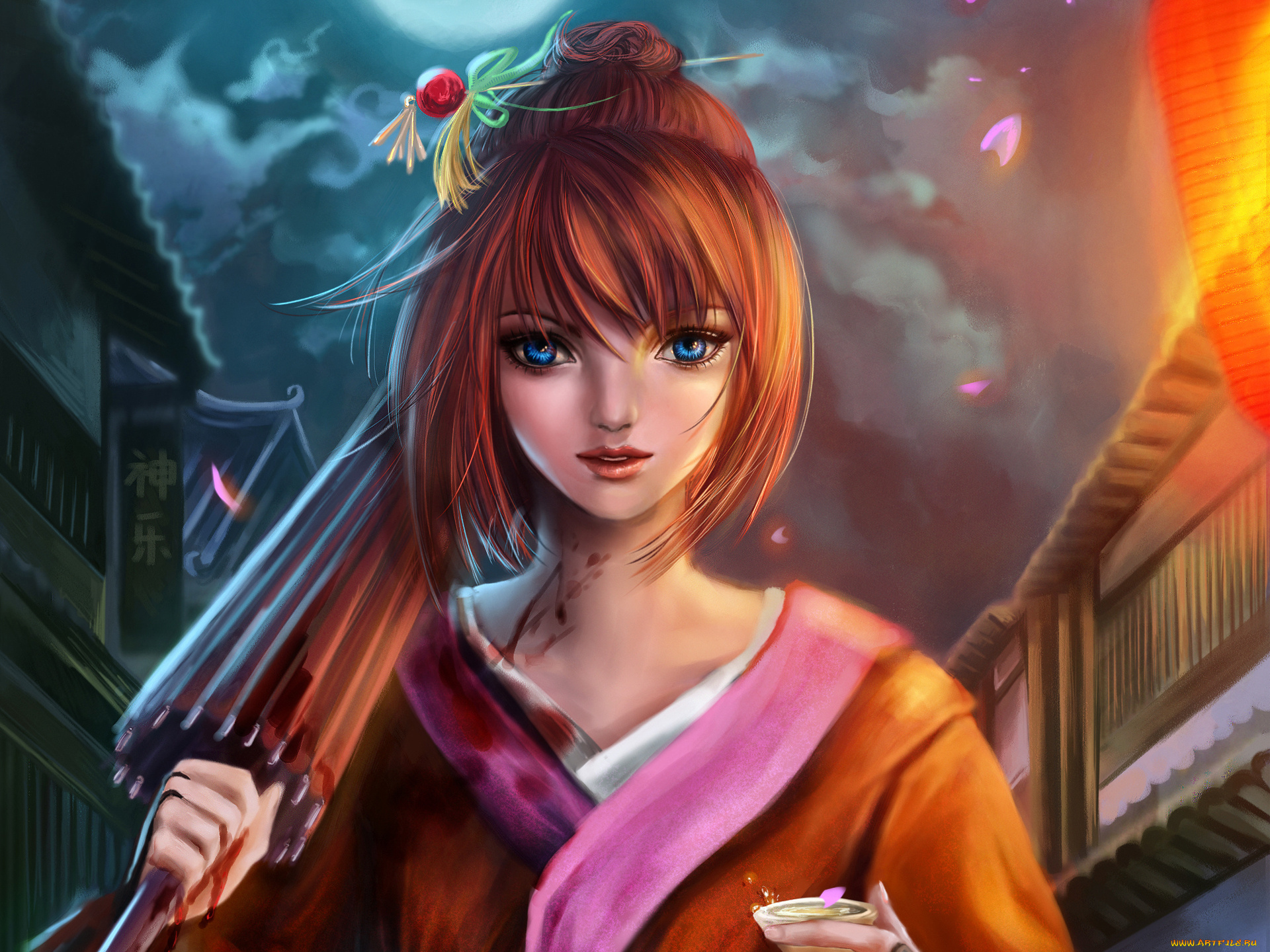 аниме, gintama, арт, кровь, зонт, кимоно, ночь, девушка, rikamello, kagura