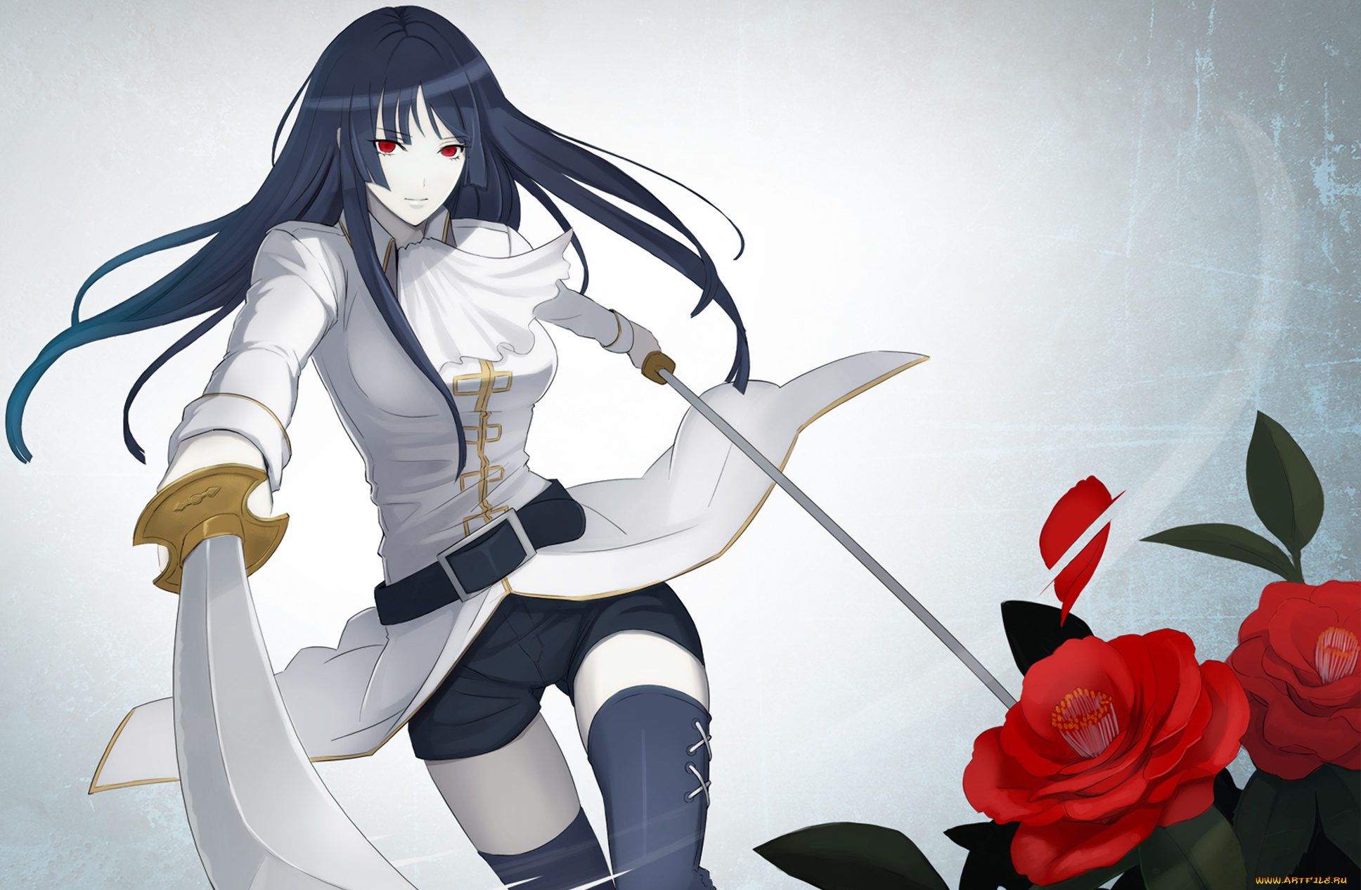 аниме, gintama, мечи, чулки, розы, красные, глаза, девушка, гинтама, imai, nobume