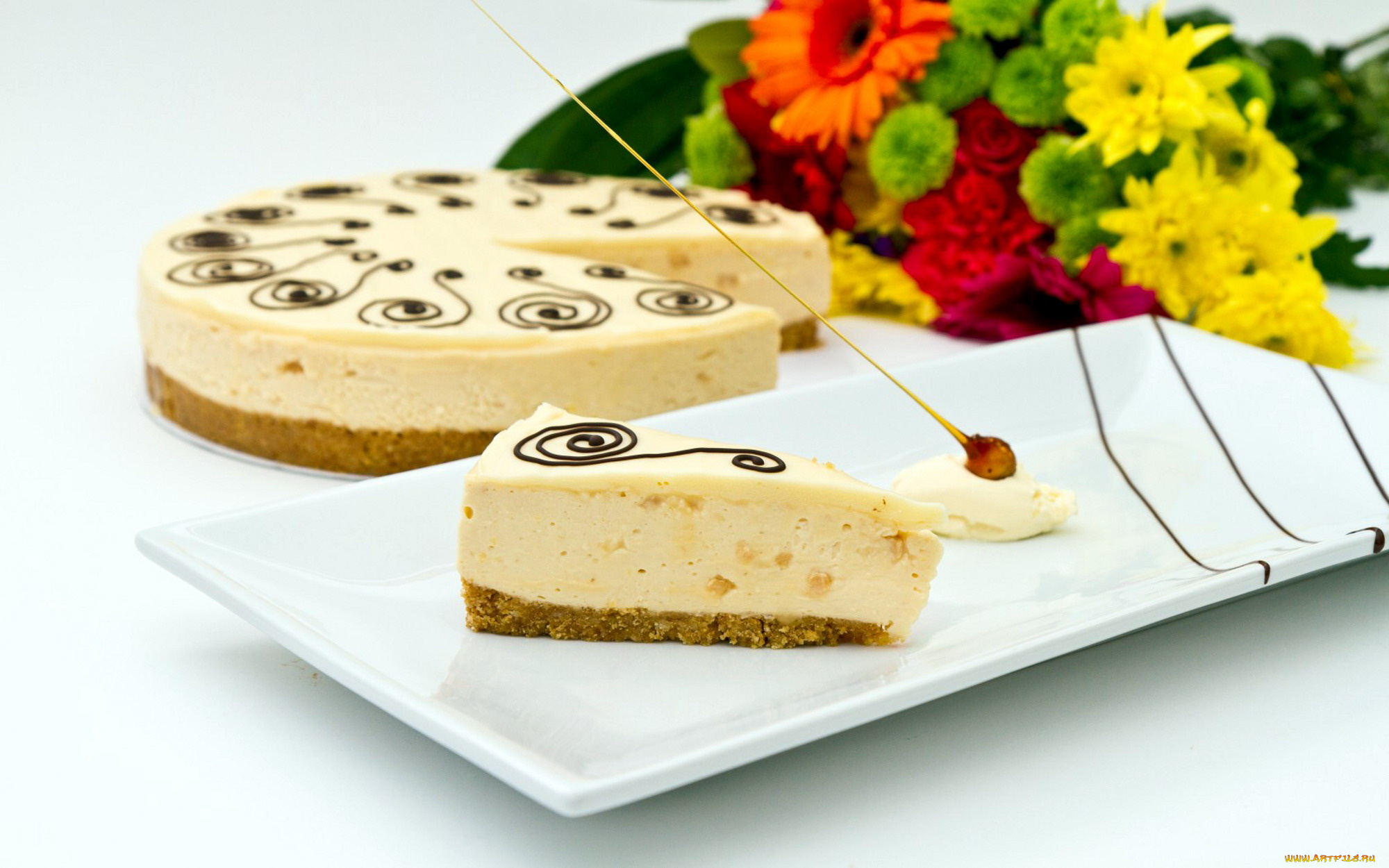 еда, торты, кусок, тарелка, цветы, торт