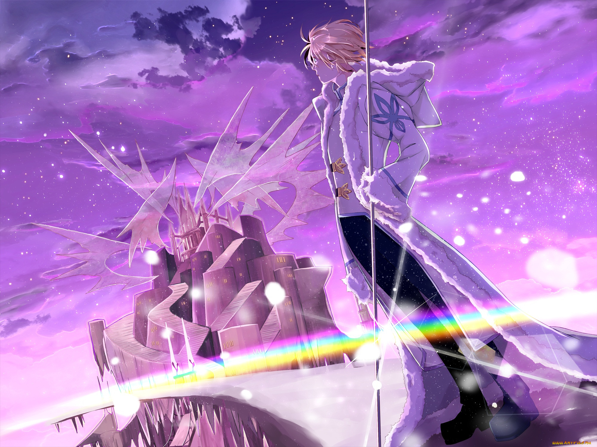 by, saki, аниме, tsubasa, reservoir, chronicles, крылья, облака, замок, небо, маг, жезл, лестница, блик, снег, fay, d, flourite, парень