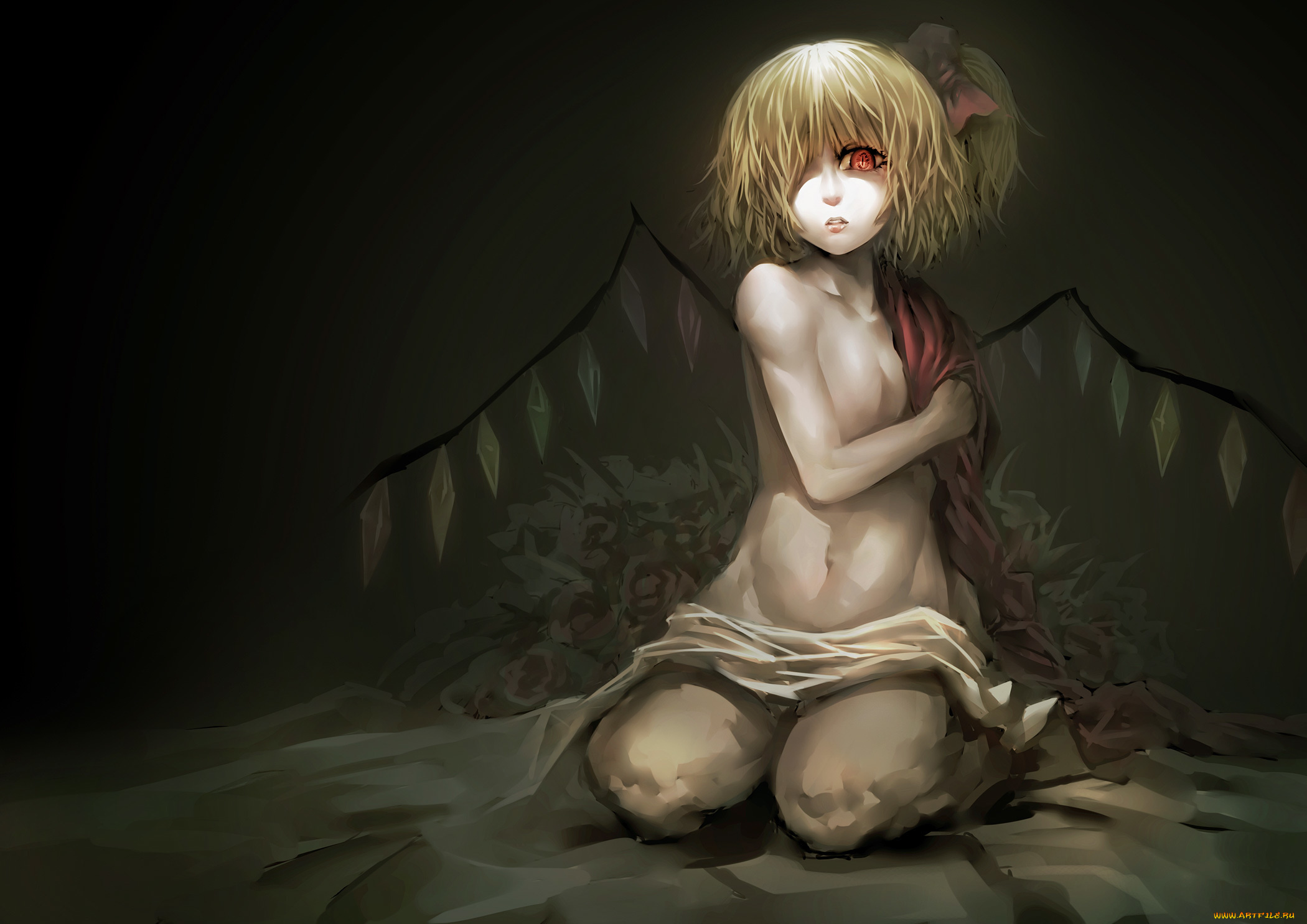 аниме, touhou, девушка, flandre, scarlet, madcocoon, арт, бант, крылья, обнажены, кристаллы, цветы