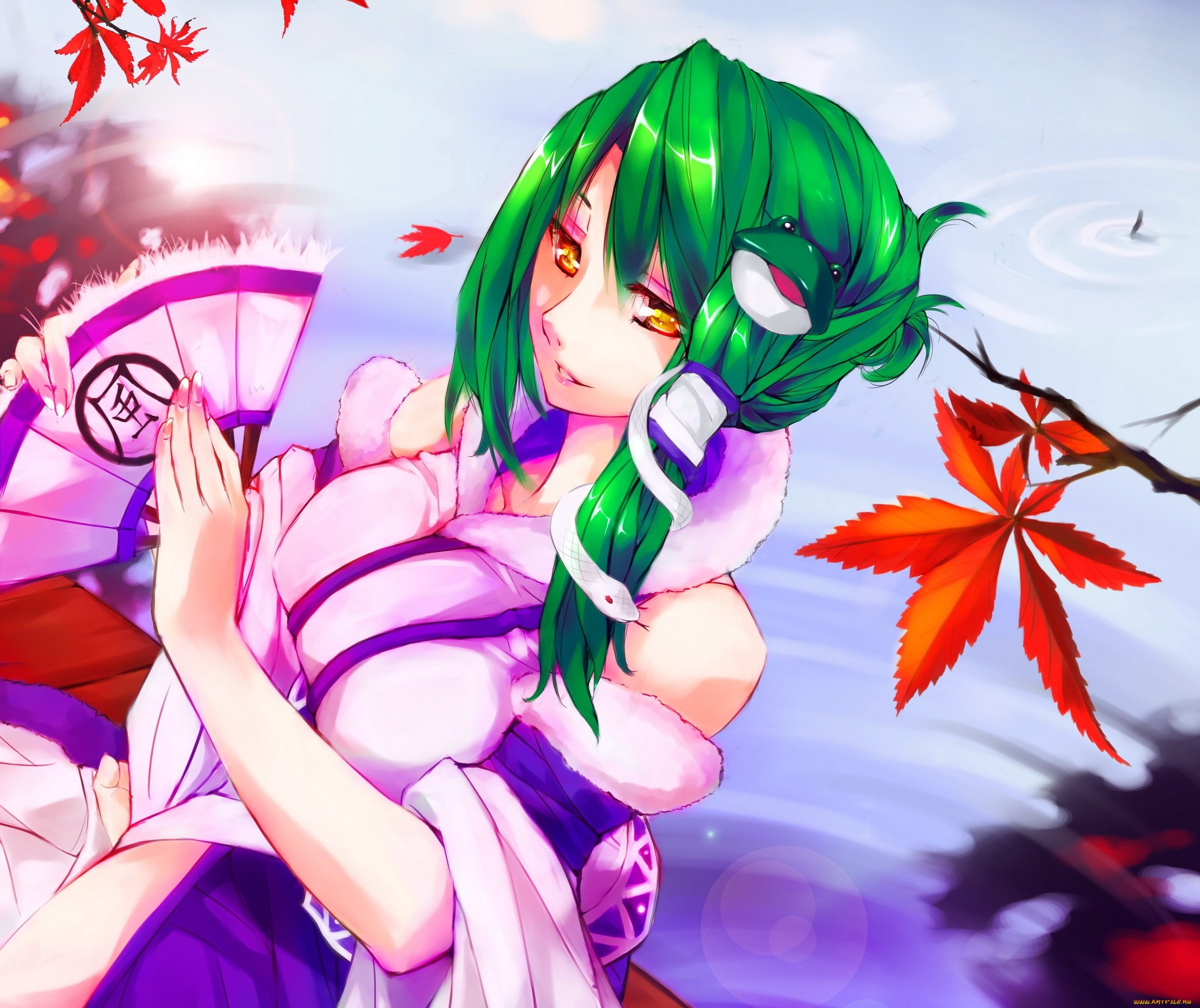аниме, touhou, декольте, улыбка, взгляд, art, kalalasan, девушка, kochiya, sanae, вода, осень, листья, веер