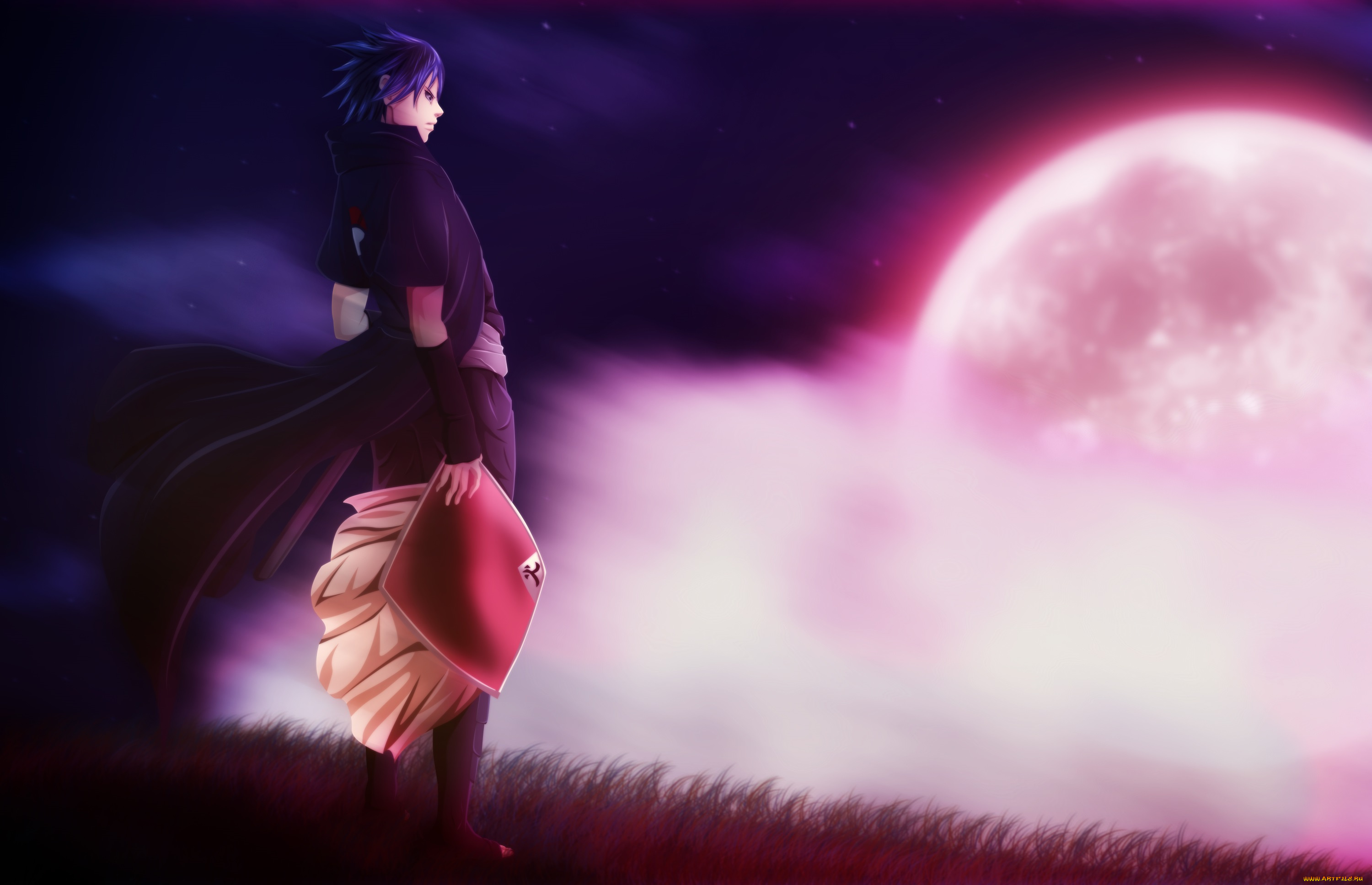 аниме, naruto, саске, учиха, арт, луна, сияние, парень, брюнет, шляпа, ночь