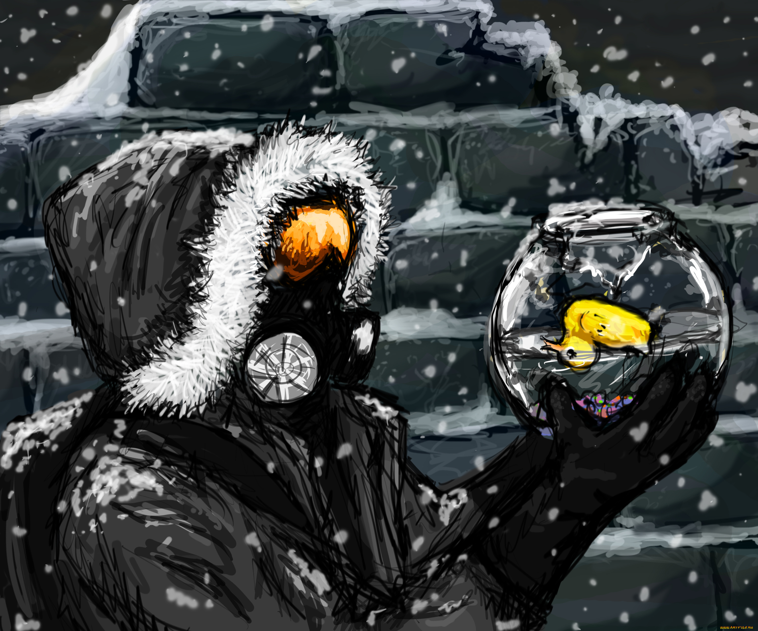 фэнтези, люди, мех, жёлтая, резиновая, аквариум, капюшон, уточка, парень, человек, противогаз, снег, стена