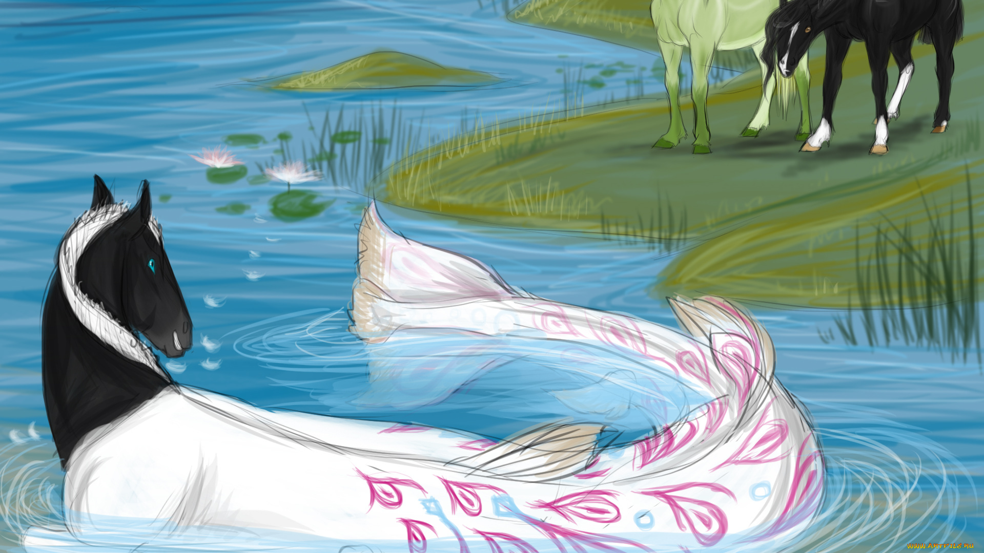 рисованное, животные, , сказочные, , мифические, лошади, луг, река